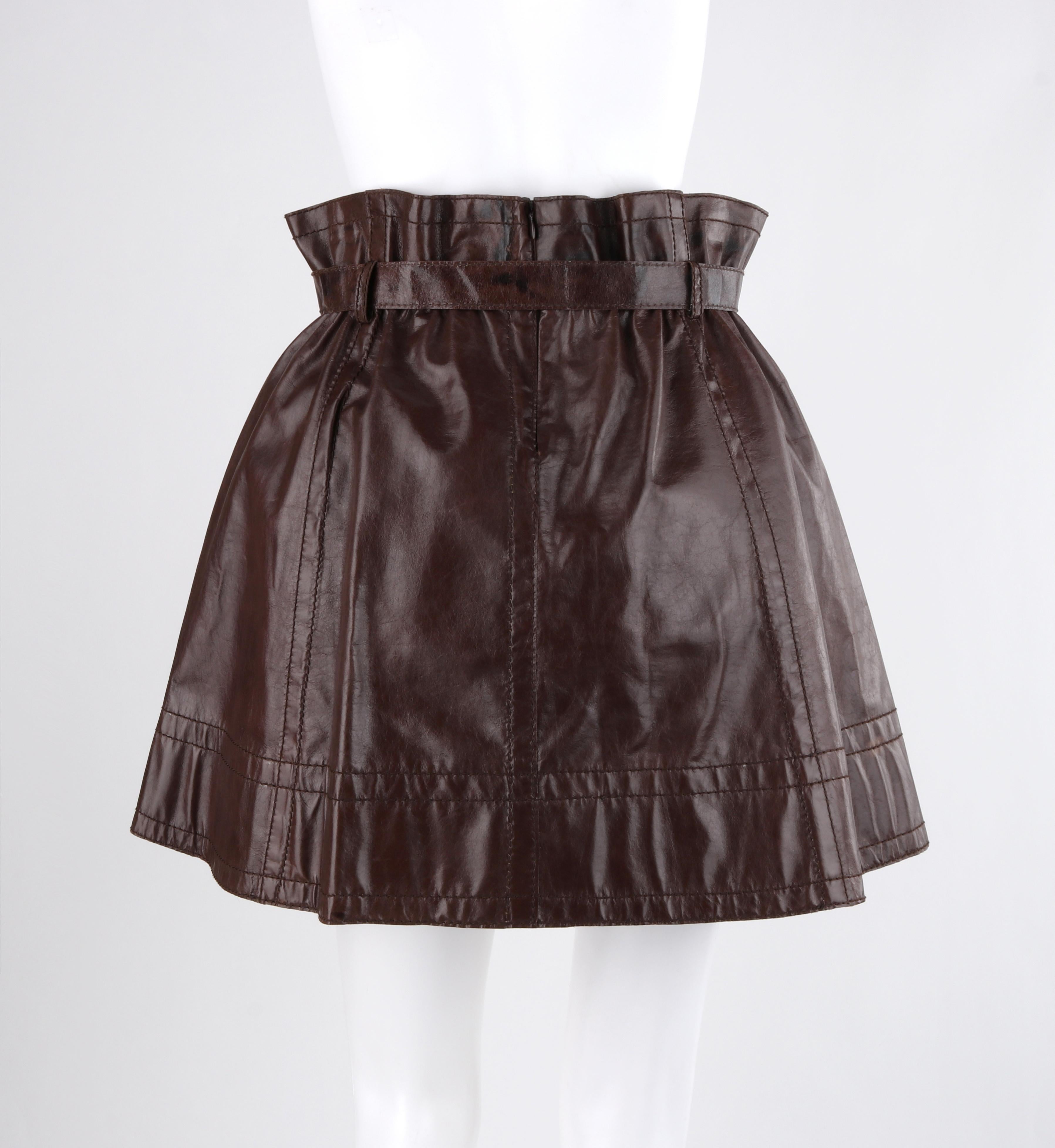 Women's MISSONI Russet Brown Kangaroo Leather Paperbag Tied Waist A-Line Mini Skirt For Sale