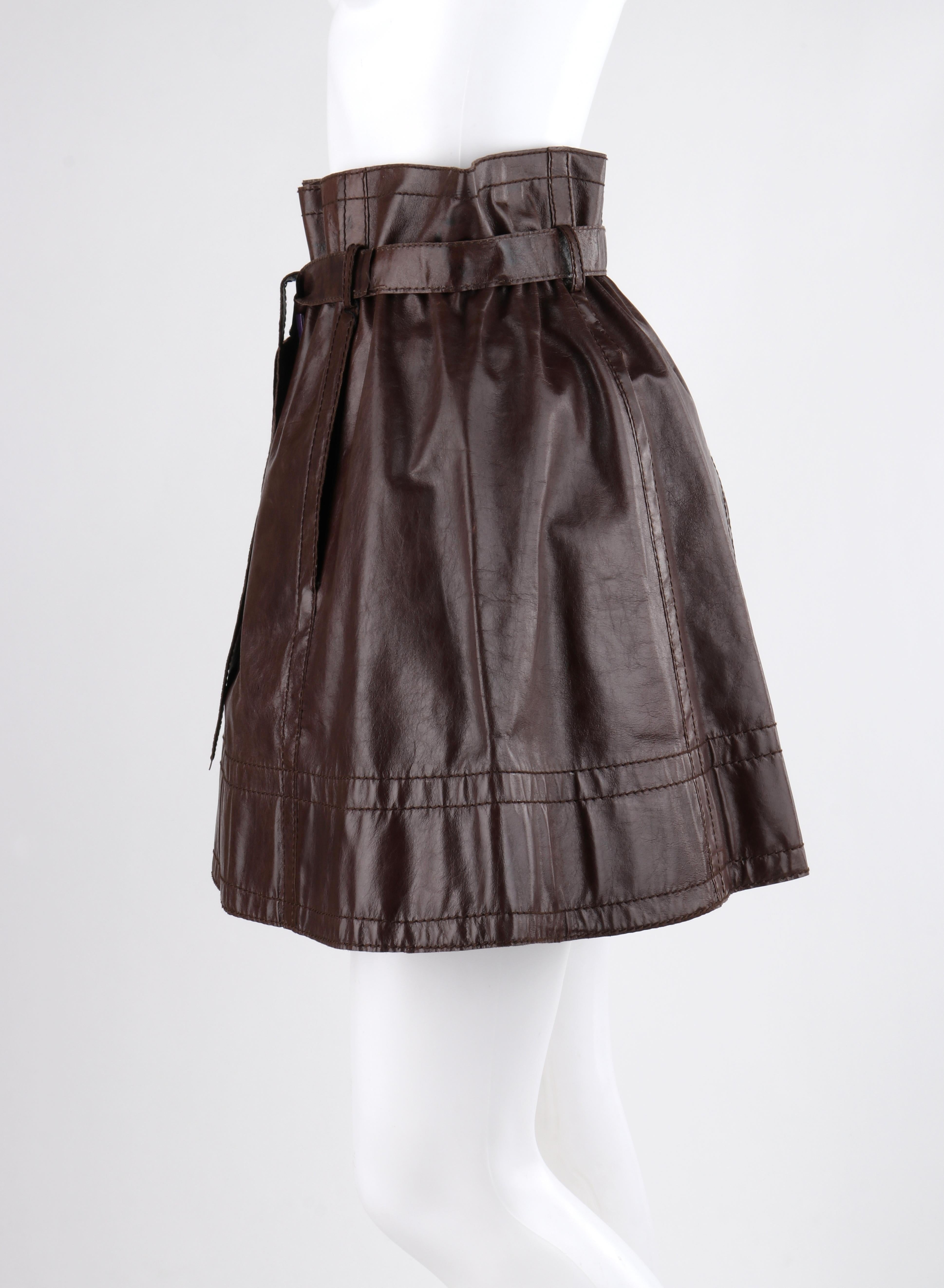 MISSONI Russet Brown Kangaroo Leather Paperbag Tied Waist A-Line Mini Skirt For Sale 1