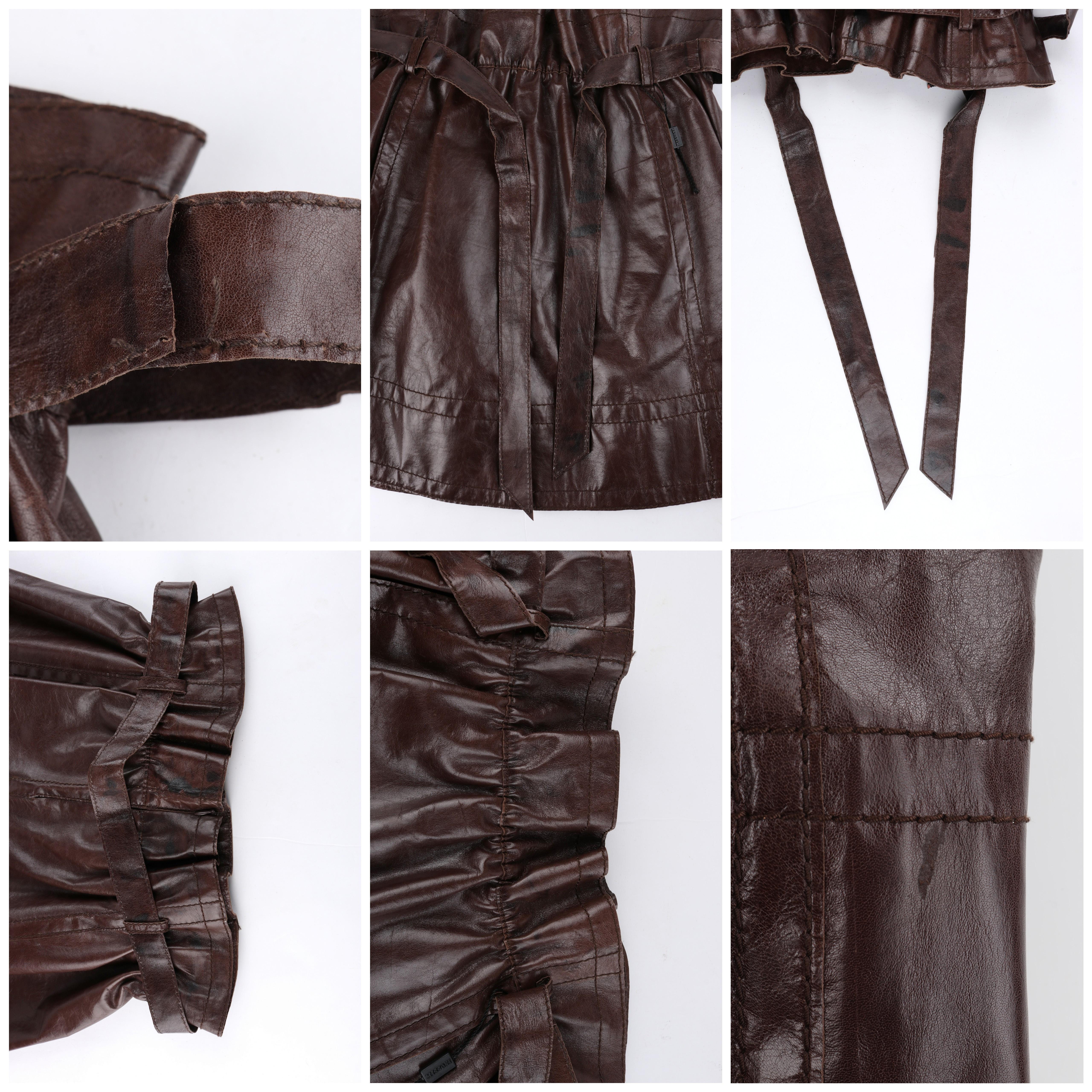 MISSONI Russet Brown Kangaroo Leather Paperbag Tied Waist A-Line Mini Skirt For Sale 3