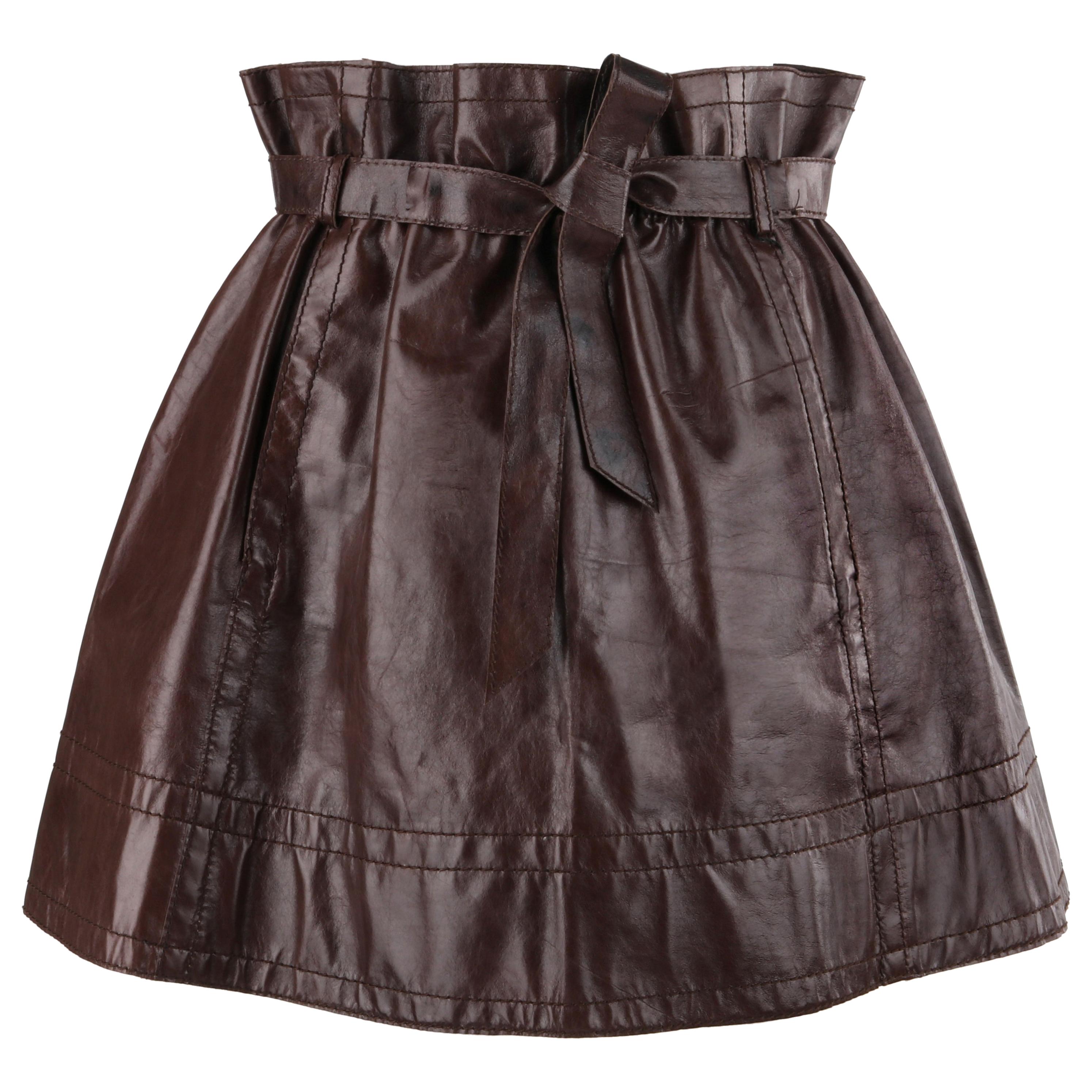 MISSONI Russet Brown Kangaroo Leather Paperbag Tied Waist A-Line Mini Skirt For Sale