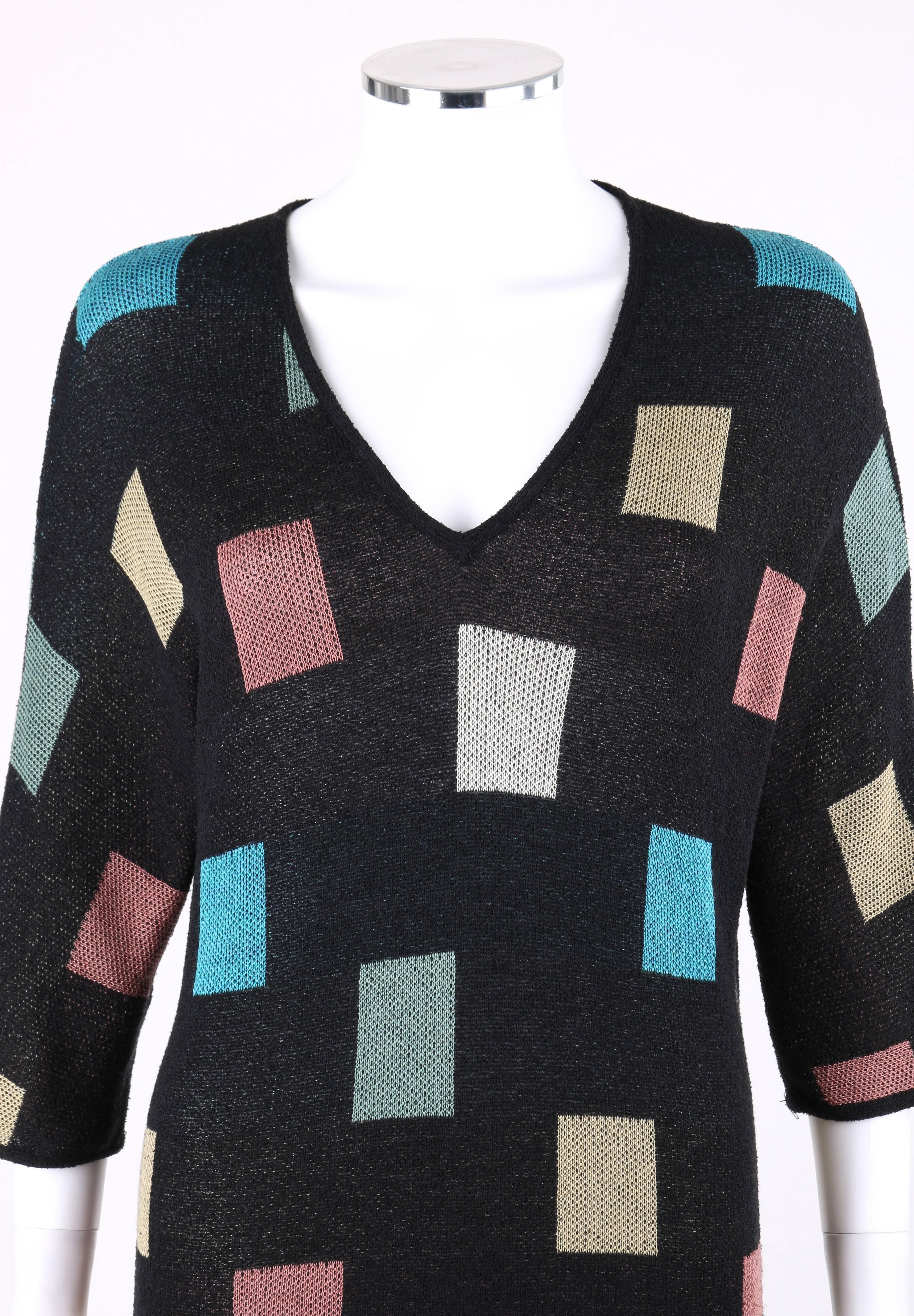 MISSONI S/S 1984 Black Multicolor Square Pattern Knit V Neck Maxi Dress In Good Condition In Thiensville, WI