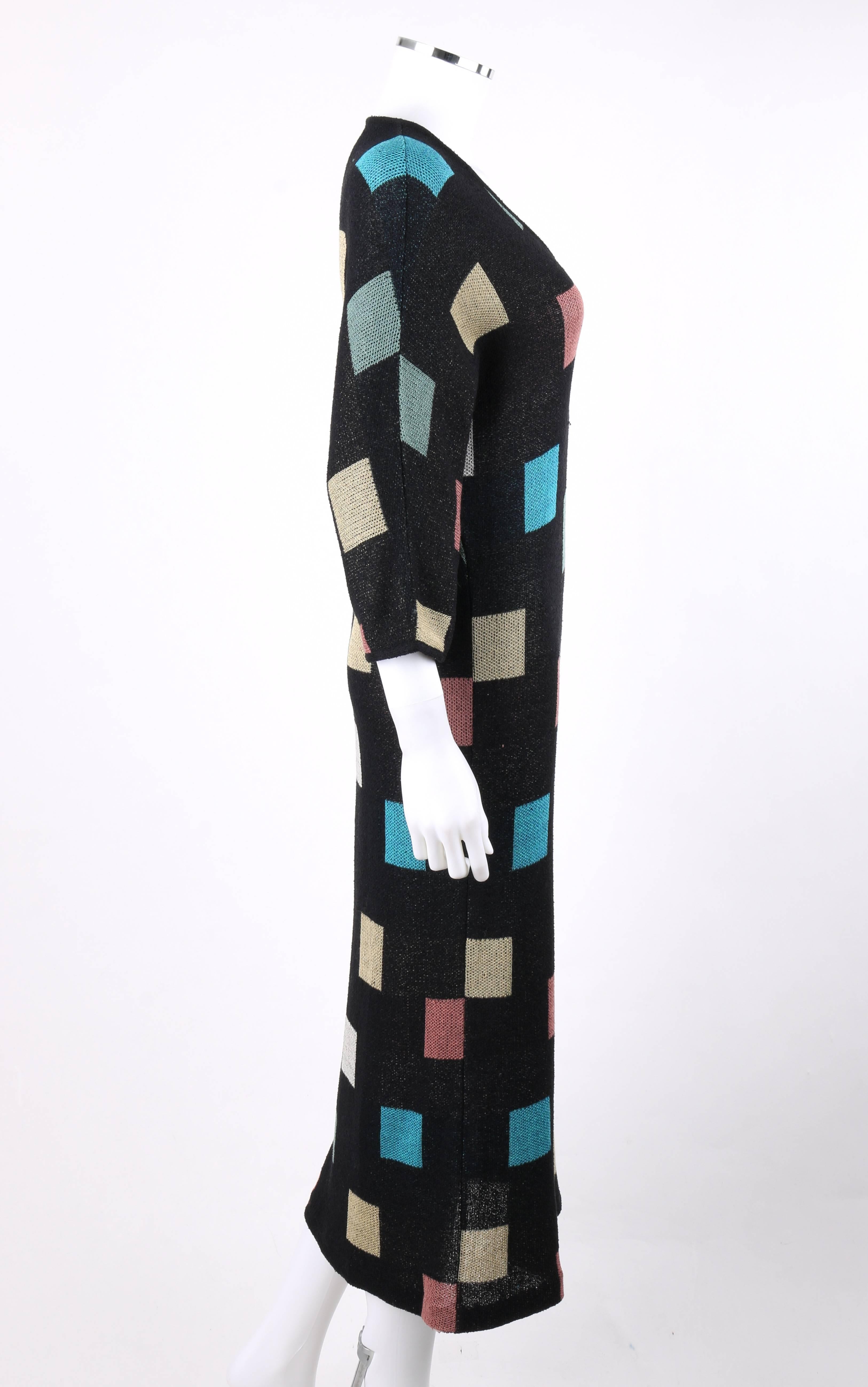 Women's MISSONI S/S 1984 Black Multicolor Square Pattern Knit V Neck Maxi Dress