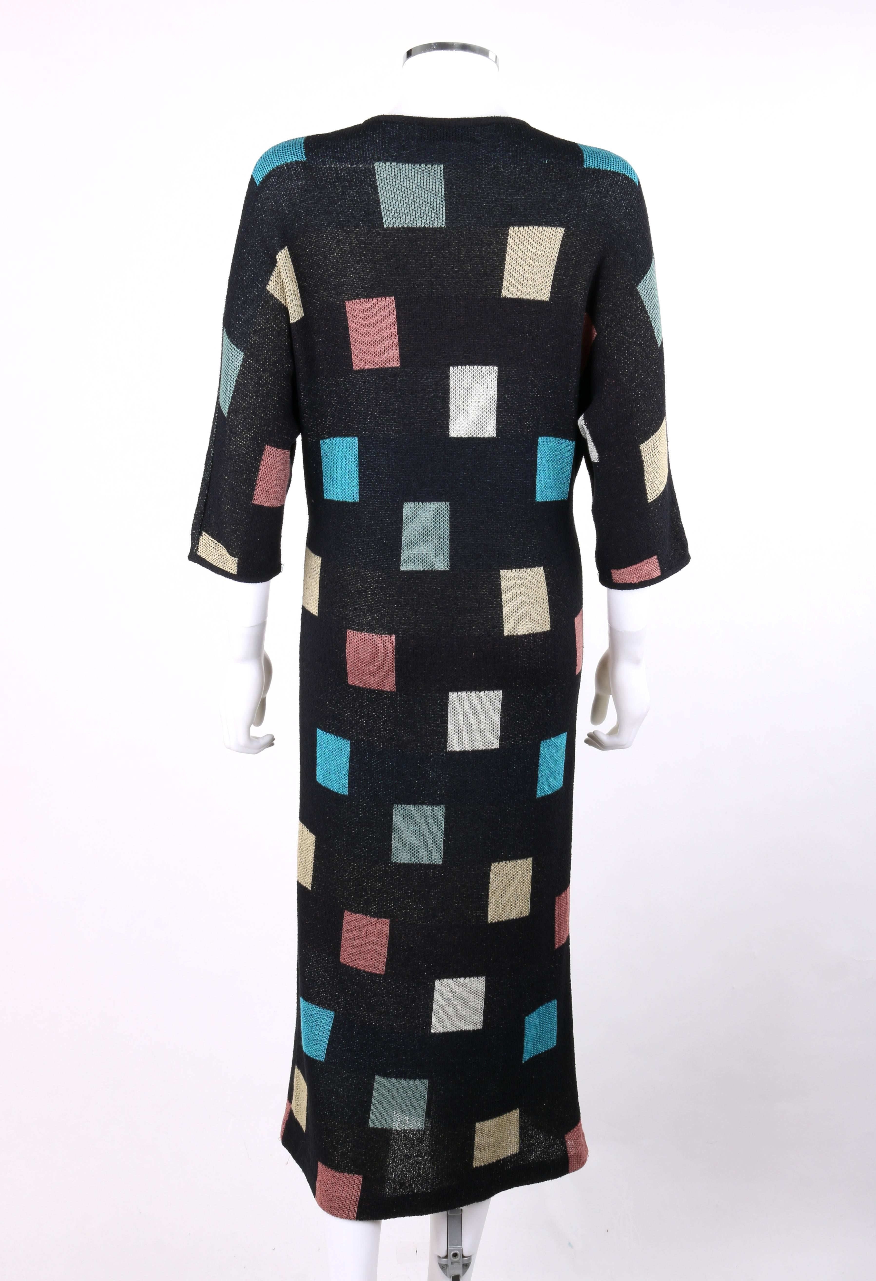 MISSONI S/S 1984 Black Multicolor Square Pattern Knit V Neck Maxi Dress 1