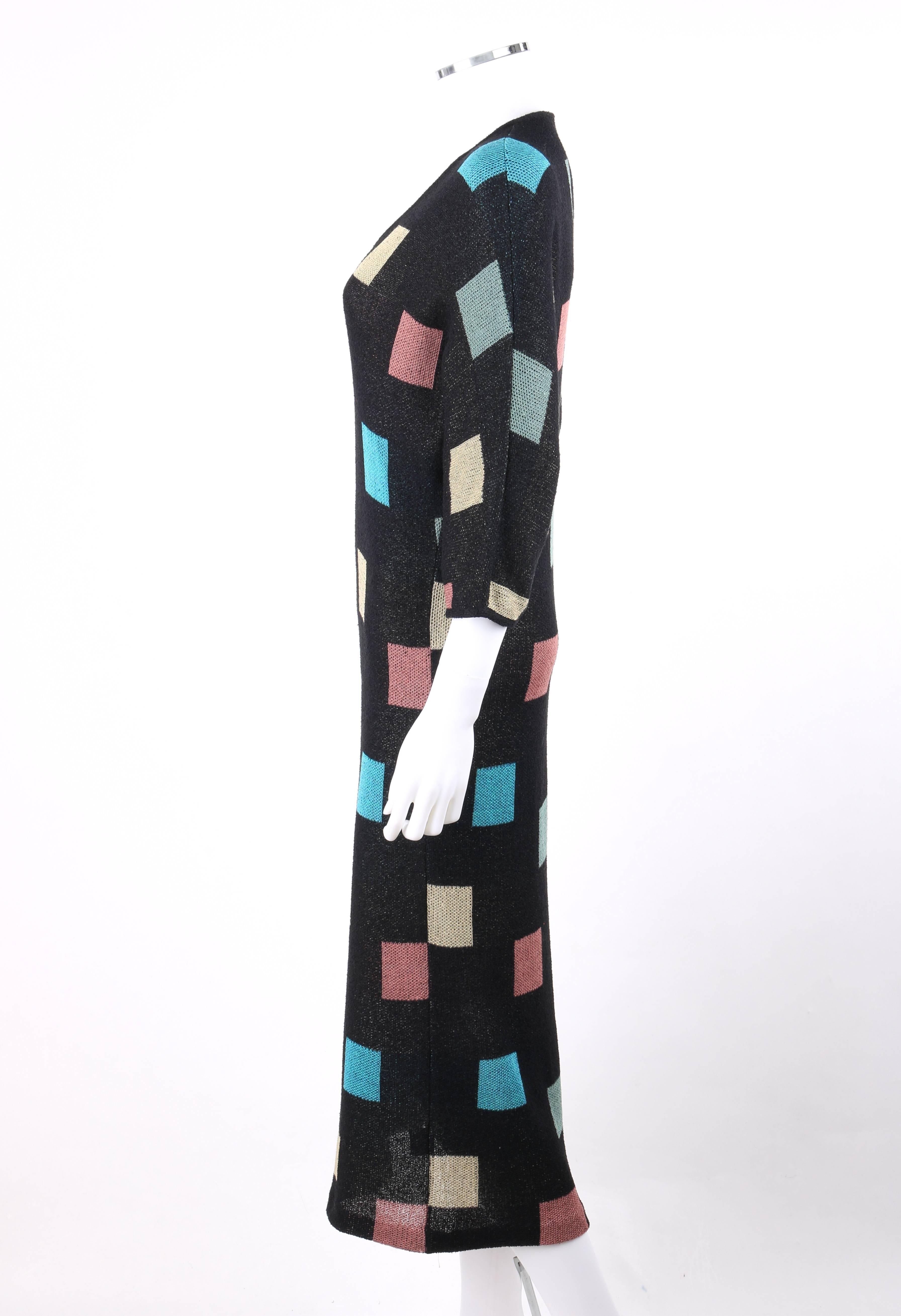 MISSONI S/S 1984 Black Multicolor Square Pattern Knit V Neck Maxi Dress 2