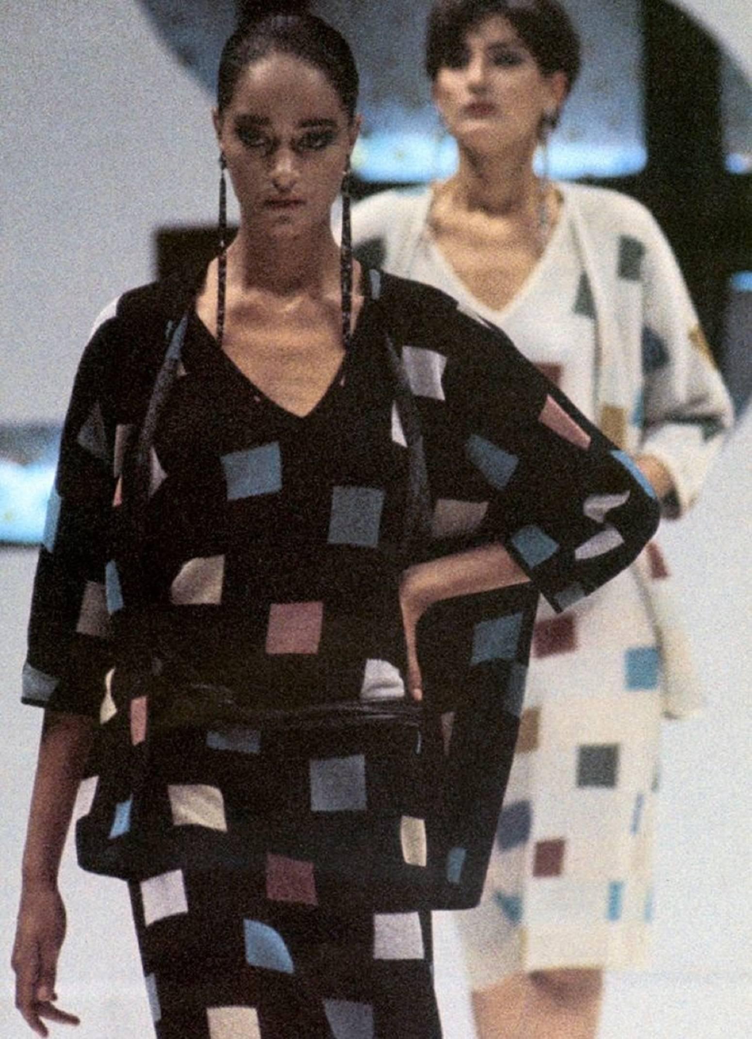 MISSONI S/S 1984 Black Multicolor Square Pattern Knit V Neck Maxi Dress 5
