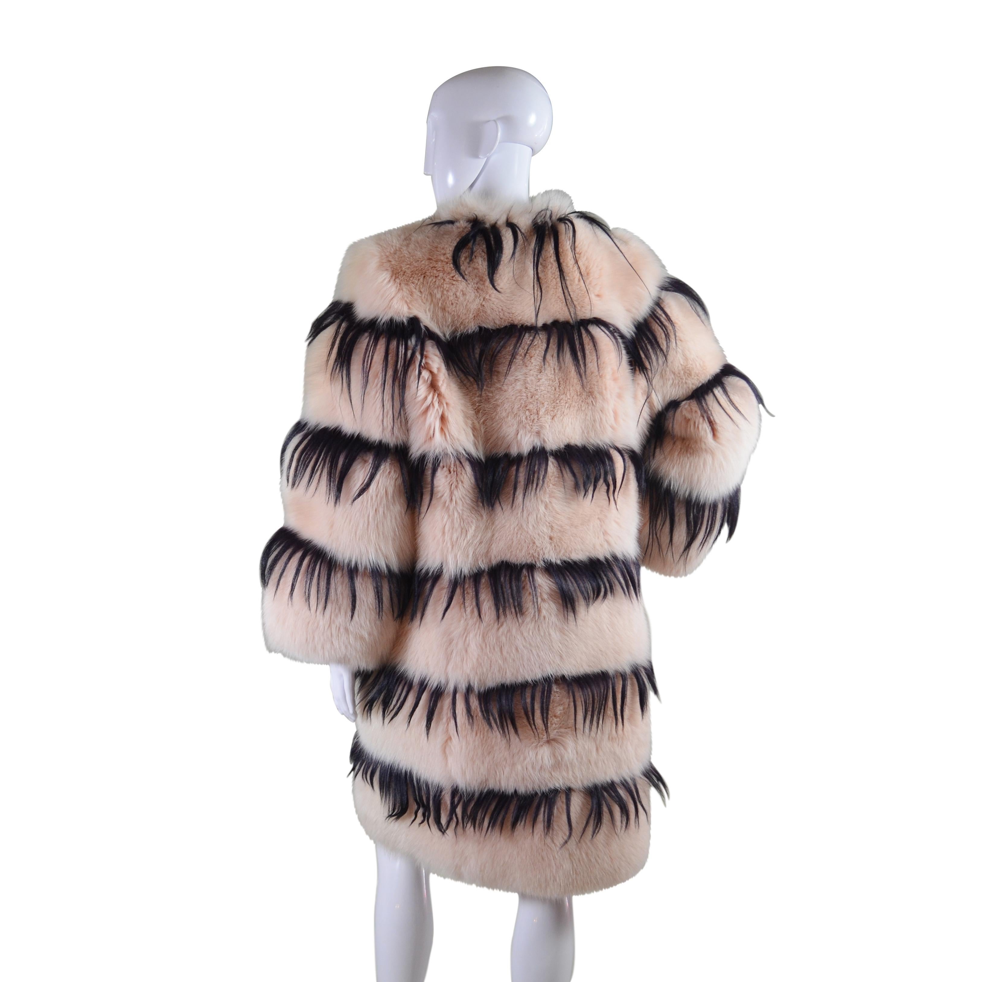 Beautiful MISSONI pale pink and black saga fox fur coat with black goat hair accents from the 2003 runway collection, look #23 on model Karolina Kurkova and featured in that season's campaign with Kate moss. Colourful silky abstract print lining