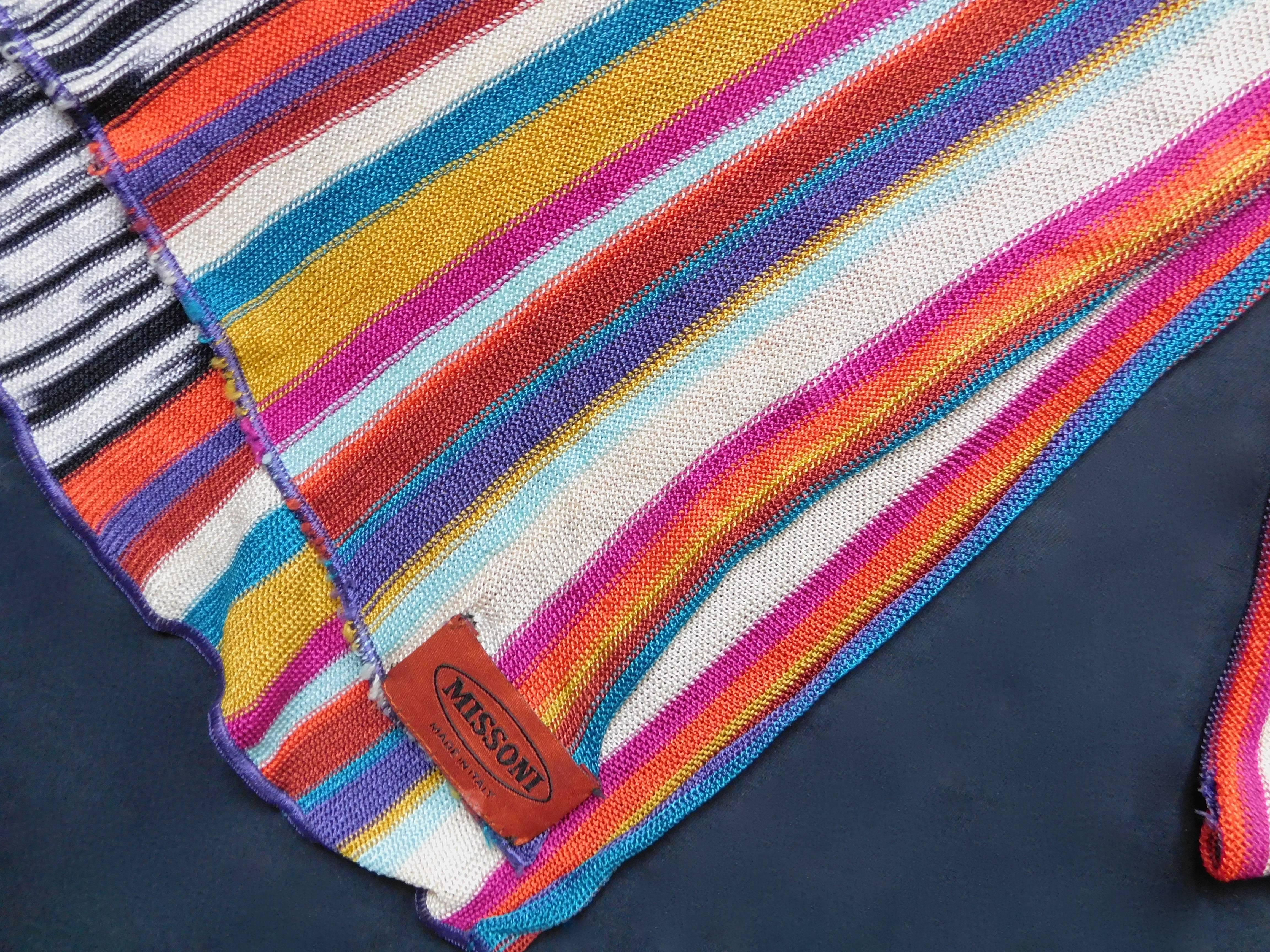 Over 7' long Missoni knitted multicolour silk scarf from the 2003 Collection. Was shown for men and women. A great travel piece as it goes with everything and can be worn as a halter top, sash or bandeau as well as a scarf.