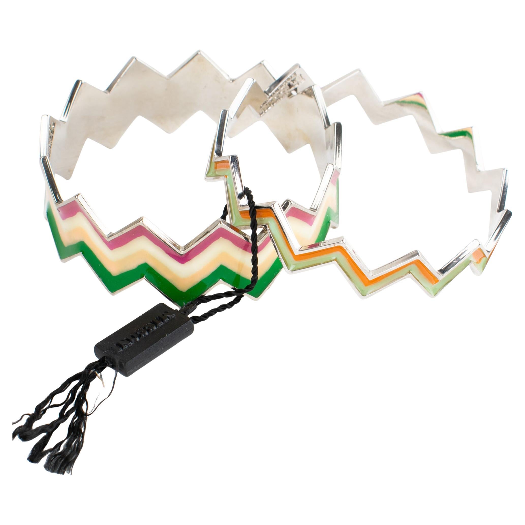 Missoni Set of Silvered Zig-Zag Bangle Bracelet with Multicolor Enamel