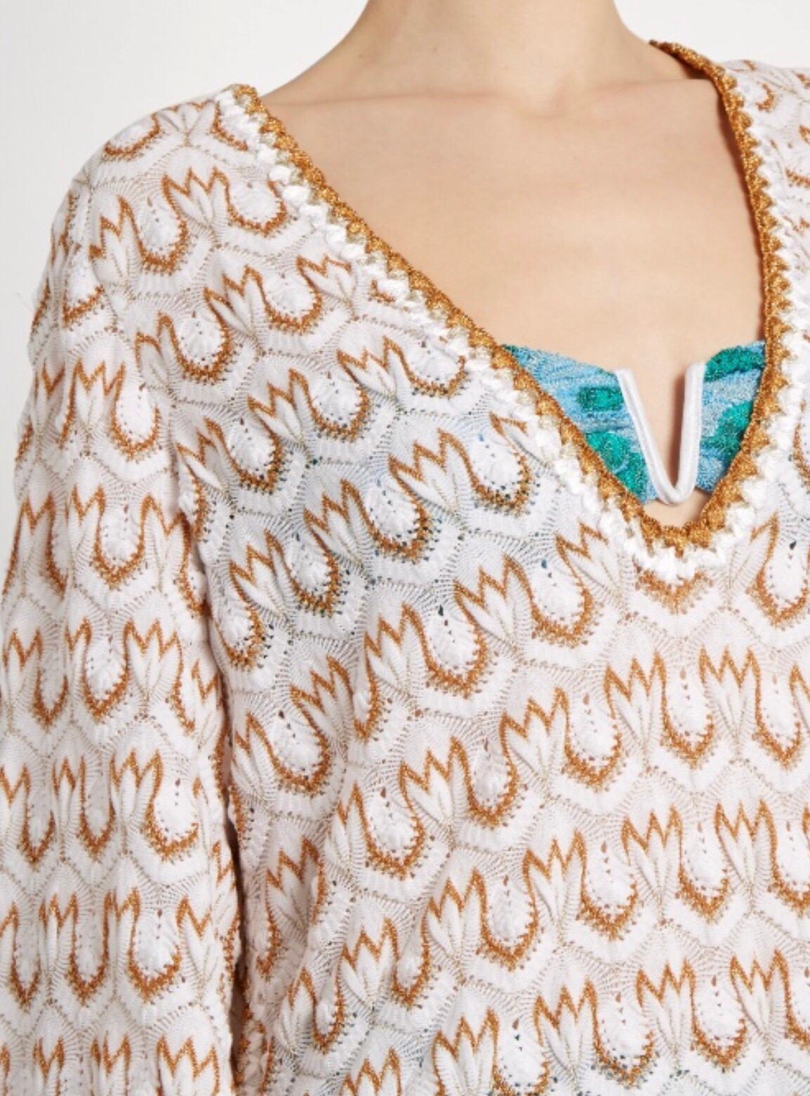 NEW Missoni Signature White and Gold Metallic Knit Dress Kaftan Cover