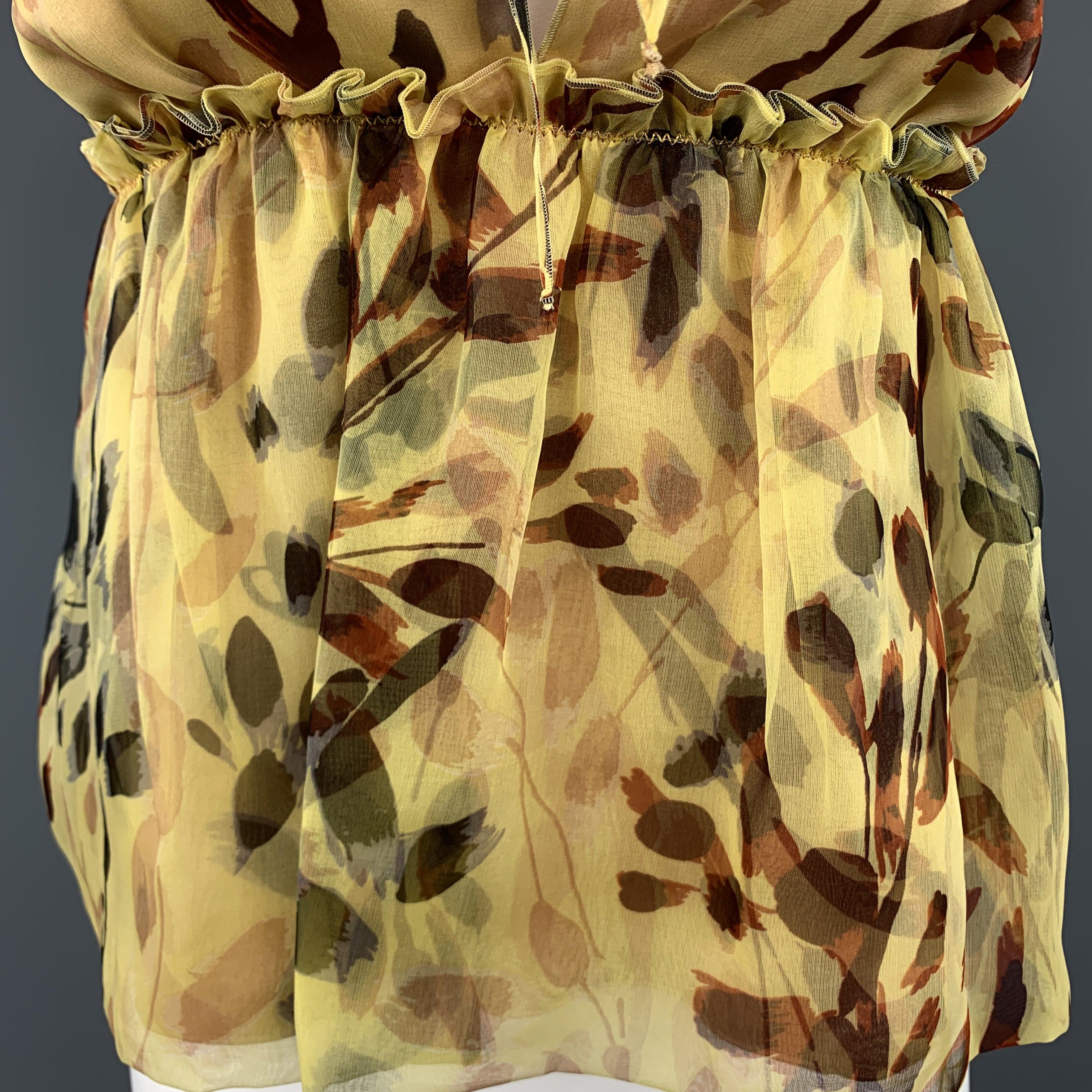 MISSONI Size 2 Yellow Leaf Print Silk Pleated Sleeveles Blouse In Good Condition For Sale In San Francisco, CA