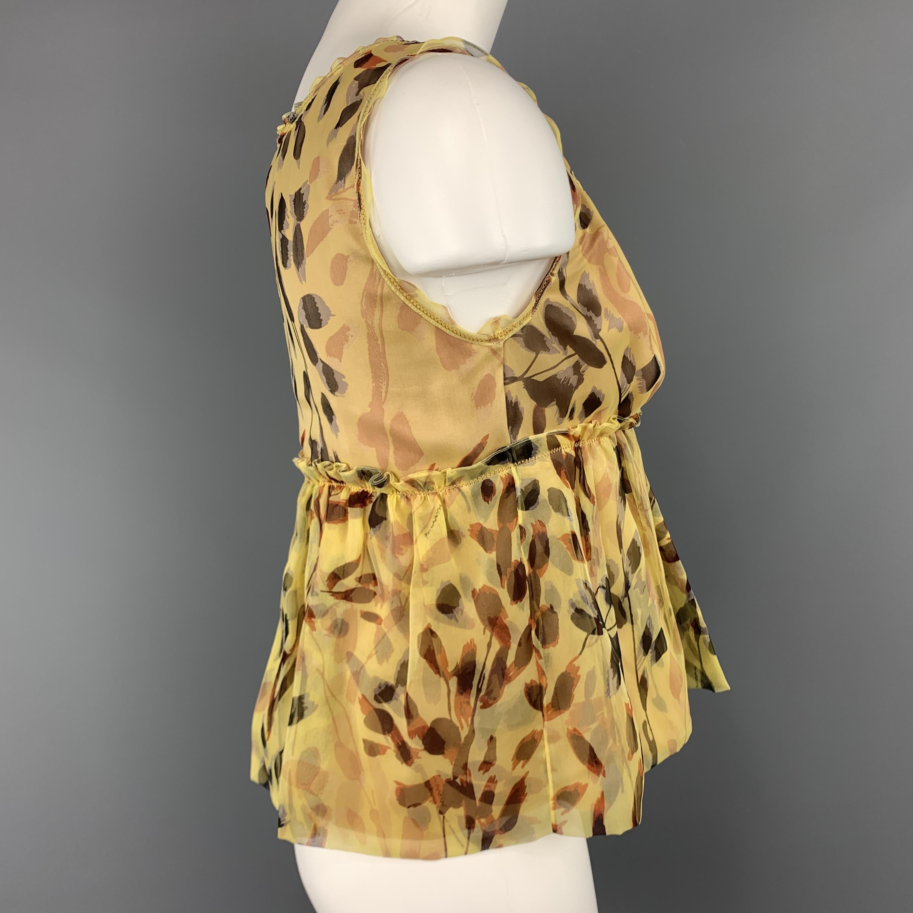 Women's MISSONI Size 2 Yellow Leaf Print Silk Pleated Sleeveles Blouse