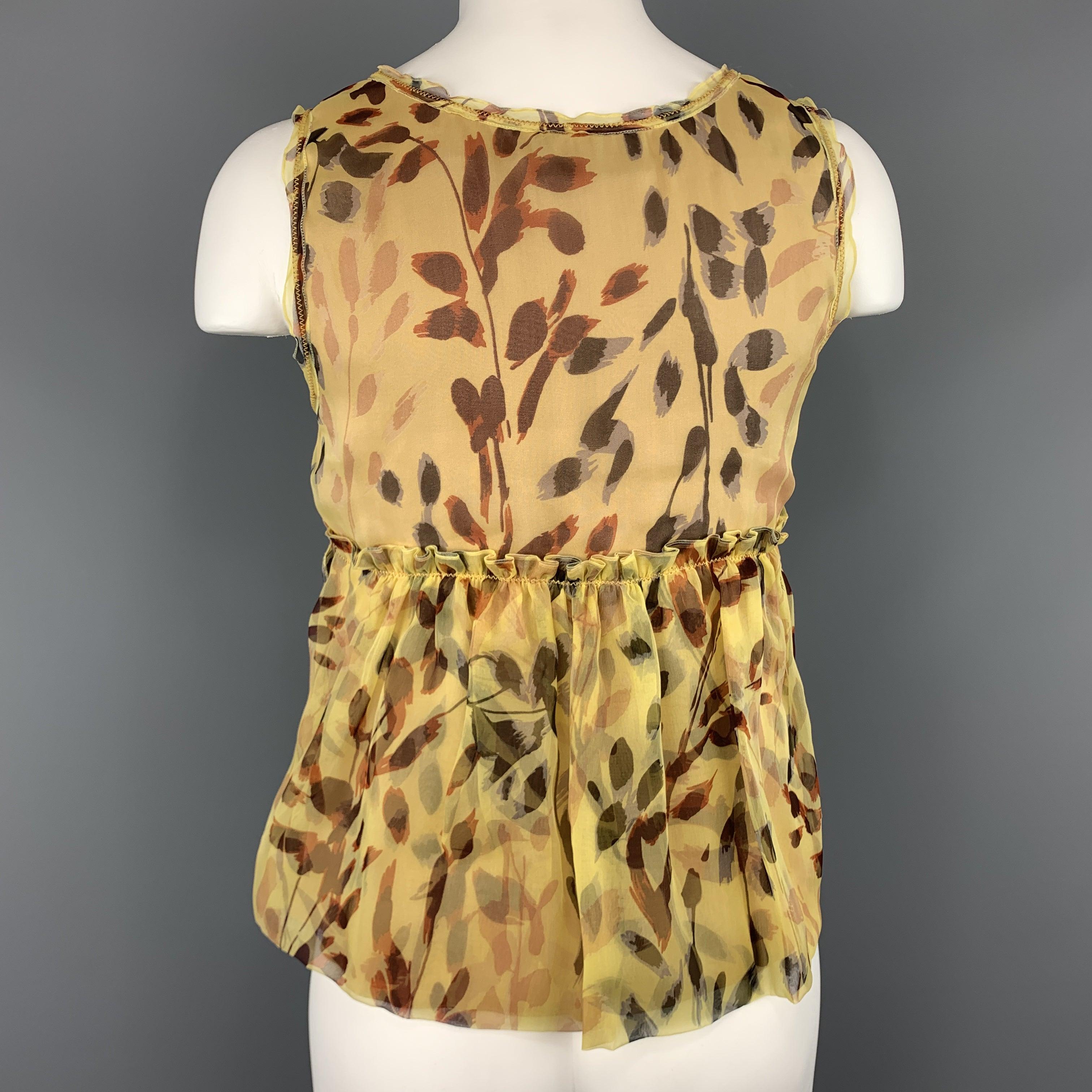 MISSONI Size 2 Yellow Leaf Print Silk Pleated Sleeveles Blouse For Sale 1