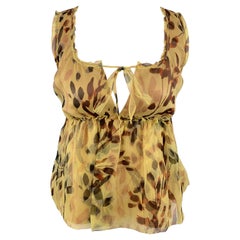 MISSONI Size 2 Yellow Leaf Print Silk Pleated Sleeveles Blouse