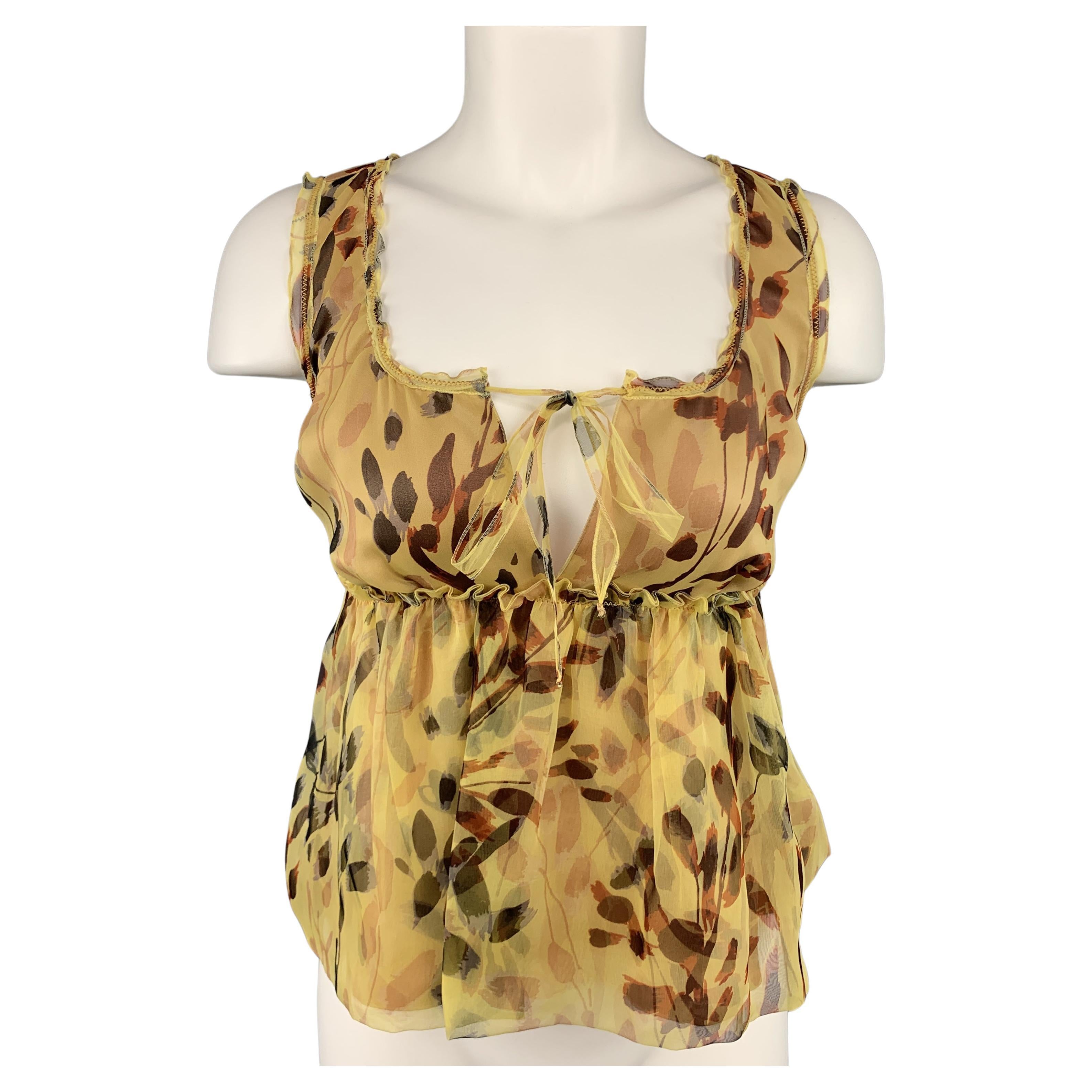 MISSONI Size 2 Yellow Leaf Print Silk Pleated Sleeveles Blouse For Sale