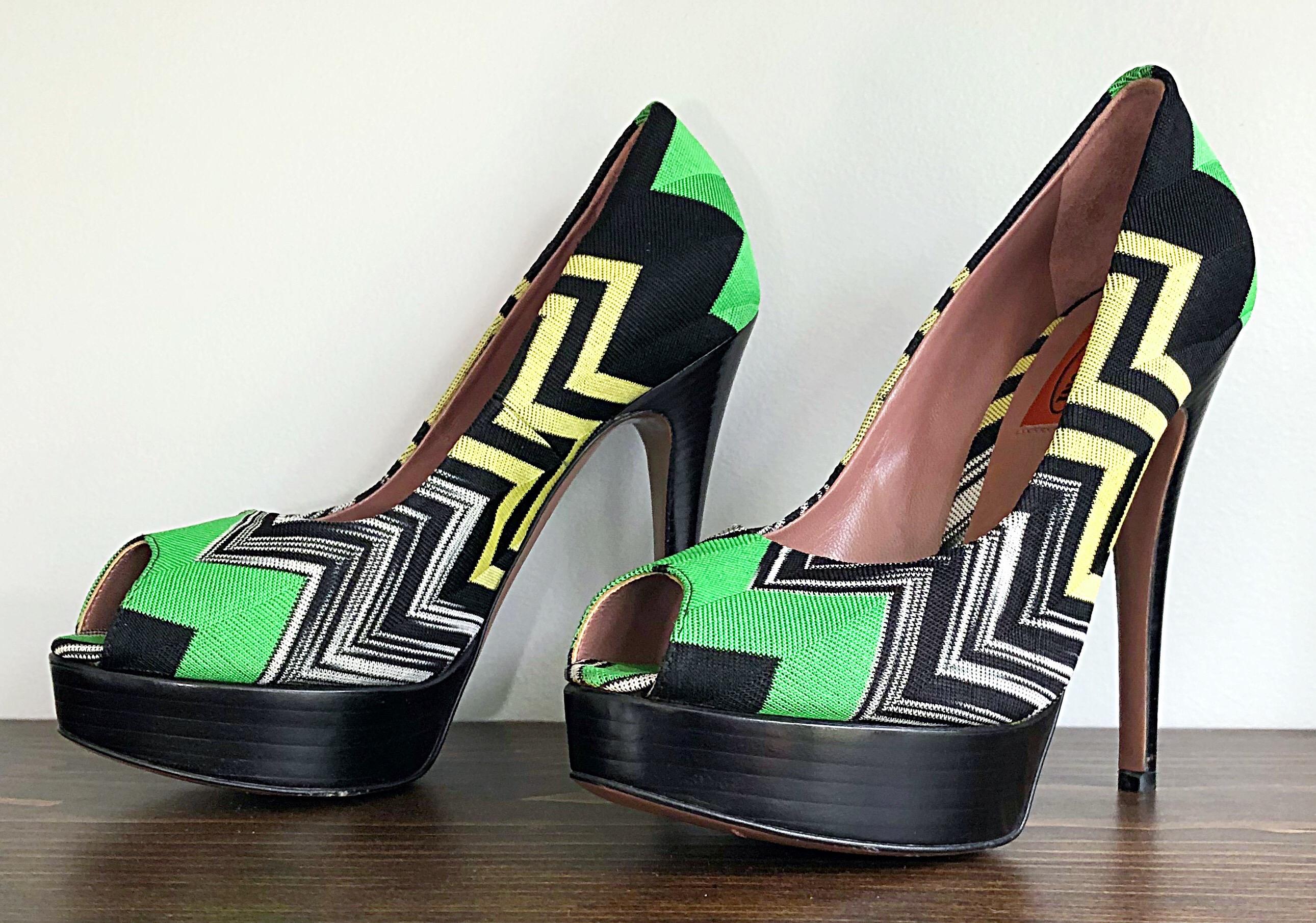 Missoni - Chaussures à talons hauts à plateforme avec zigzags verts et jaunes, à bout ouvert, taille 36/6 en vente 3