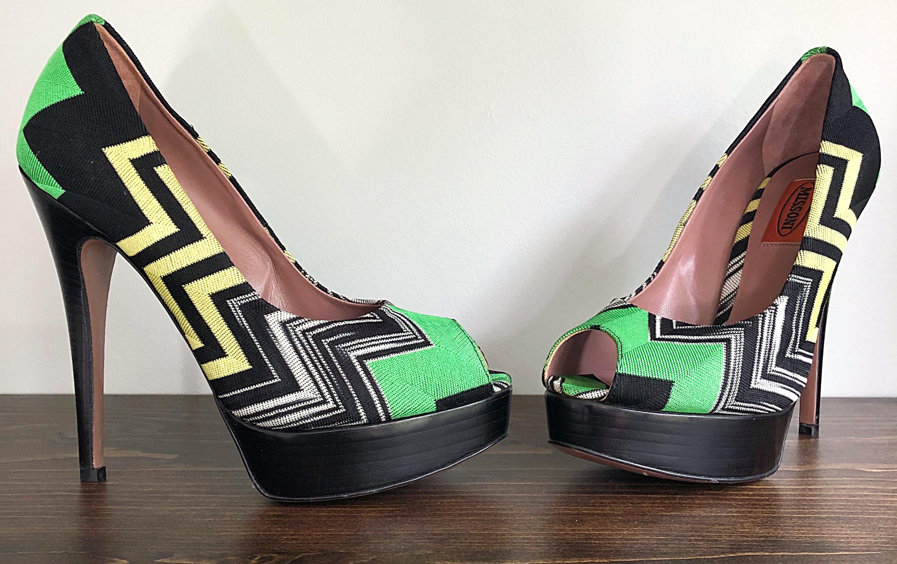 Missoni Size 36 / 6 Green + Yellow Zig Zag Platforms Peep Toe High Heels Shoes For Sale 1