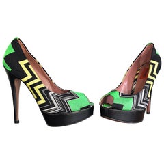 Missoni Talla 36 / 6 Verde + Amarillo Zig Zag Plataformas Peep Toe Zapatos de tacón alto