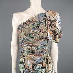 MISSONI Size 4 Gray Floral Silk One Shoulder Sash Dress