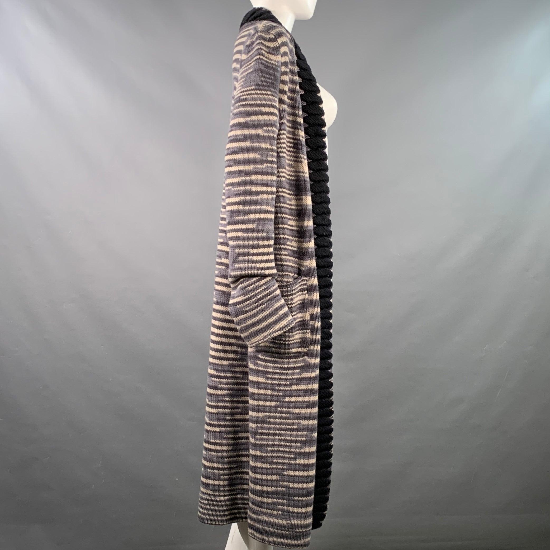 MISSONI Size 6 Grey Black White Cashmere Wool Stripe Open Front Long Cardigan In Excellent Condition For Sale In San Francisco, CA