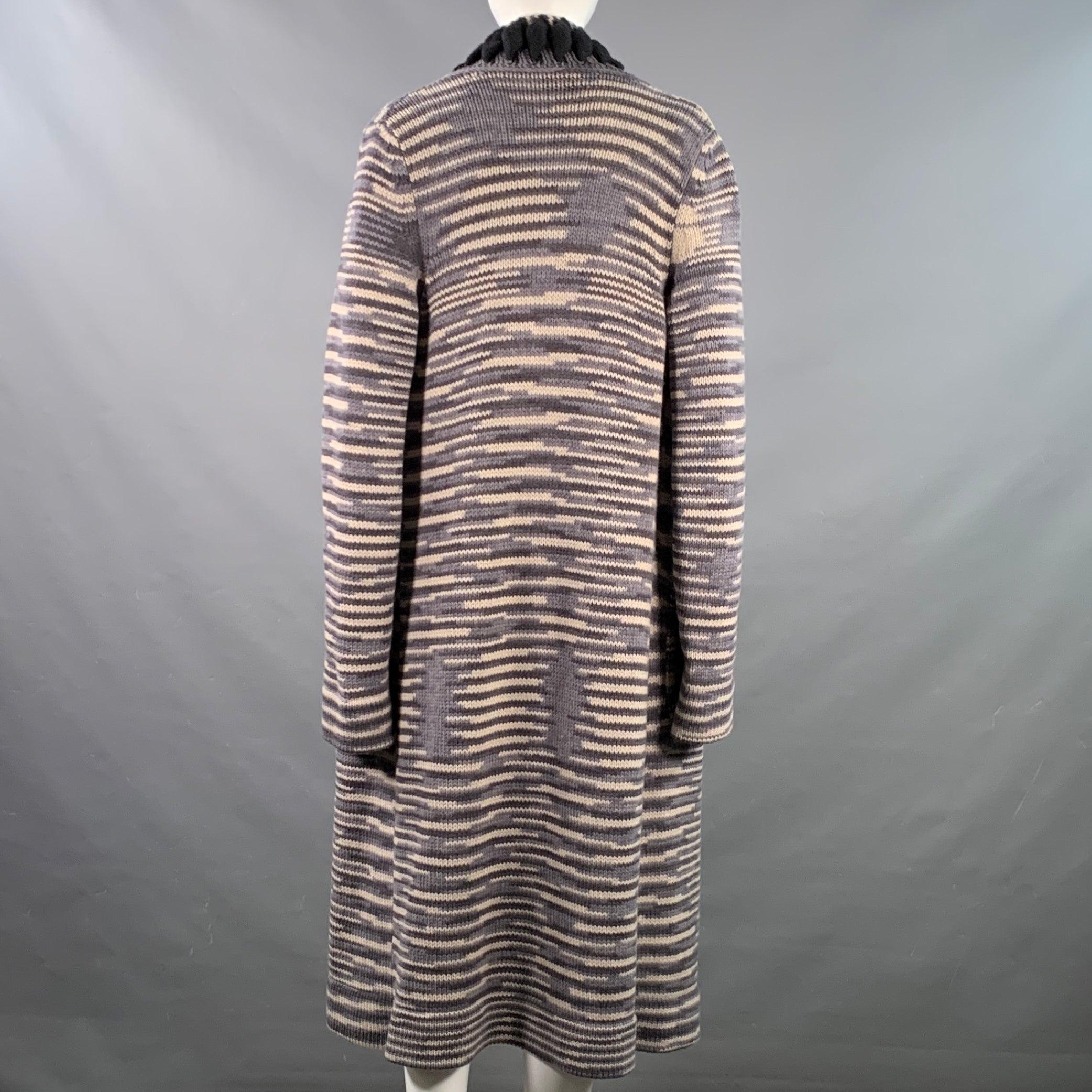 Women's MISSONI Size 6 Grey Black White Cashmere Wool Stripe Open Front Long Cardigan For Sale