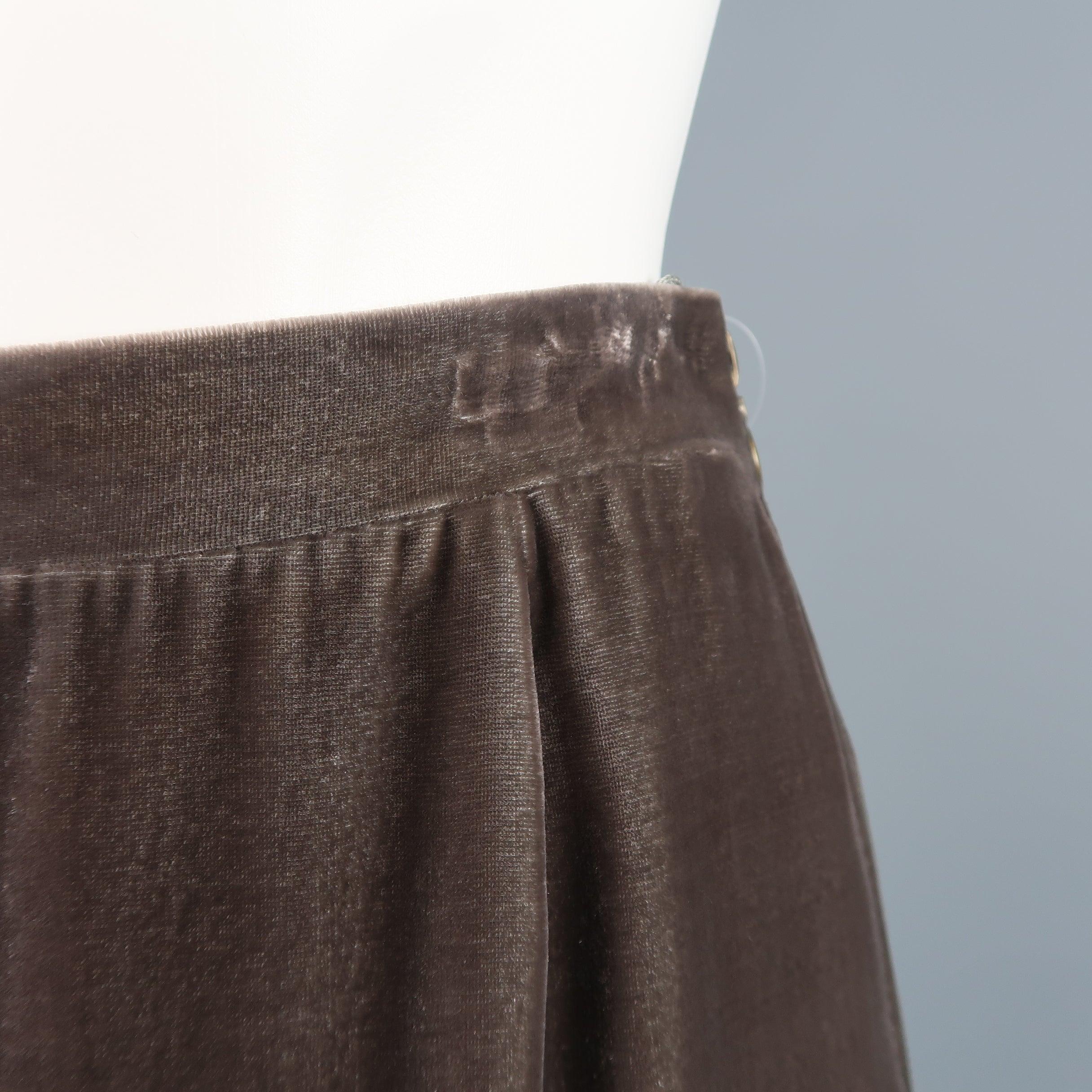 MISSONI pencil skirt comes in taupe gray silk blend velvet with a gathered front, and double dark gold tone zip sides. With Tags. Minor imperfections from hanger and tags. As-is. Made in Italy.Fair Pre-Owned Condition. 

Marked:   IT 40