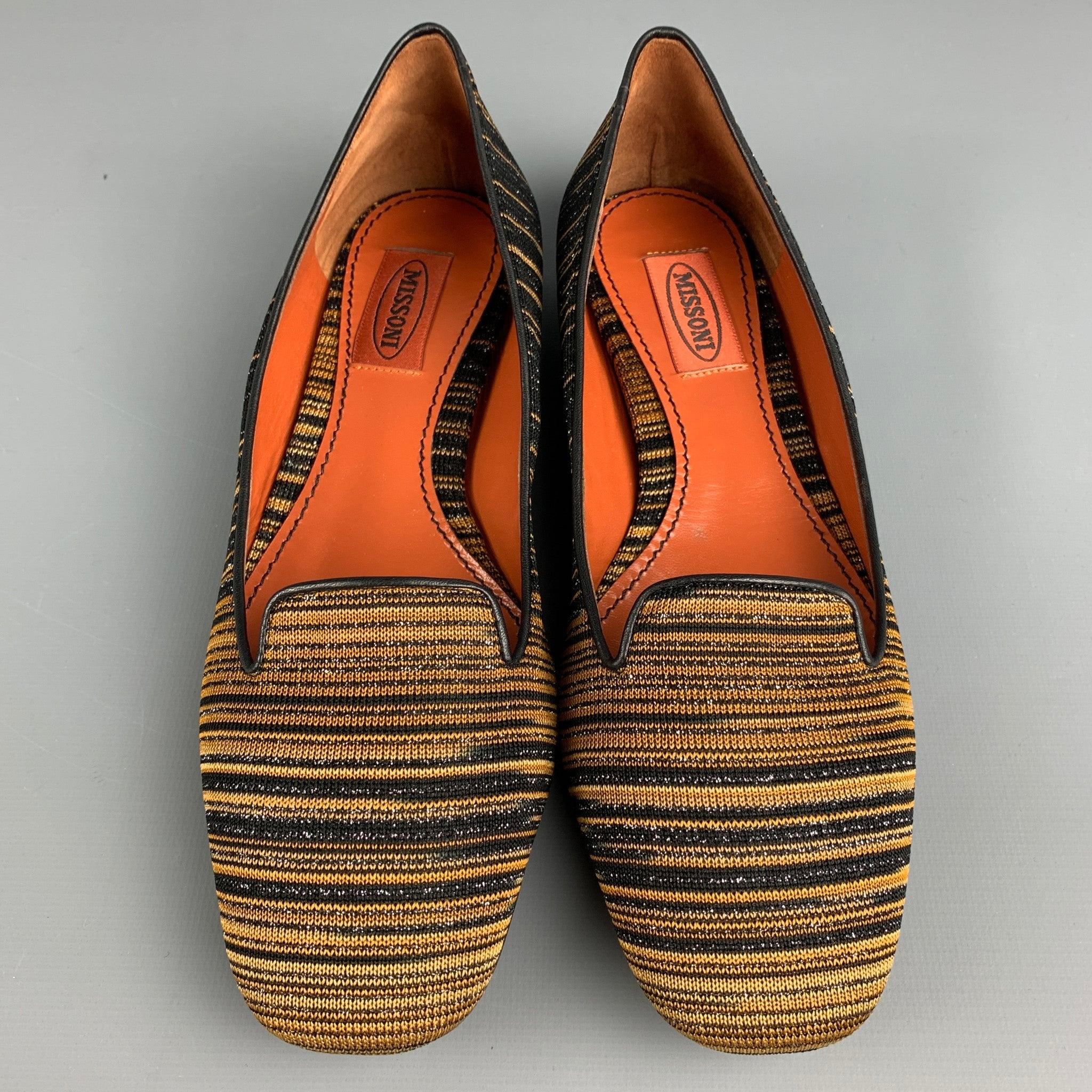 Women's MISSONI Size 8 Black & Gold Fabric Stripe Flats For Sale