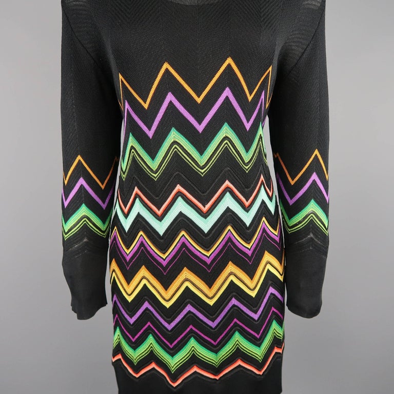 MISSONI Size L Black MultiColor Chevron Silk Knit Long Sleeve Scrrop