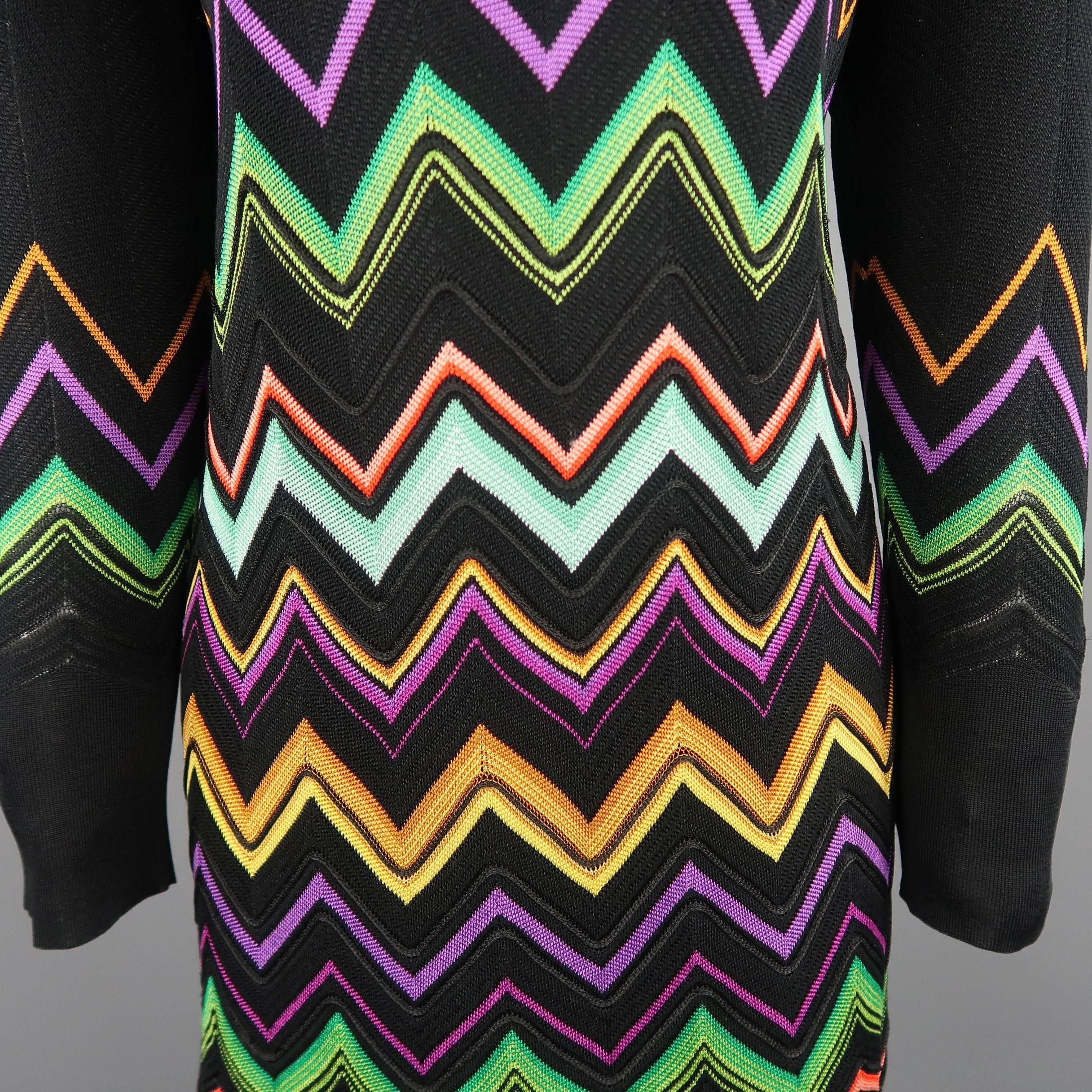 MISSONI Size L Black Multi-Color Chevron Silk Knit Long Sleeve Scrrop Neck Dress In Good Condition In San Francisco, CA