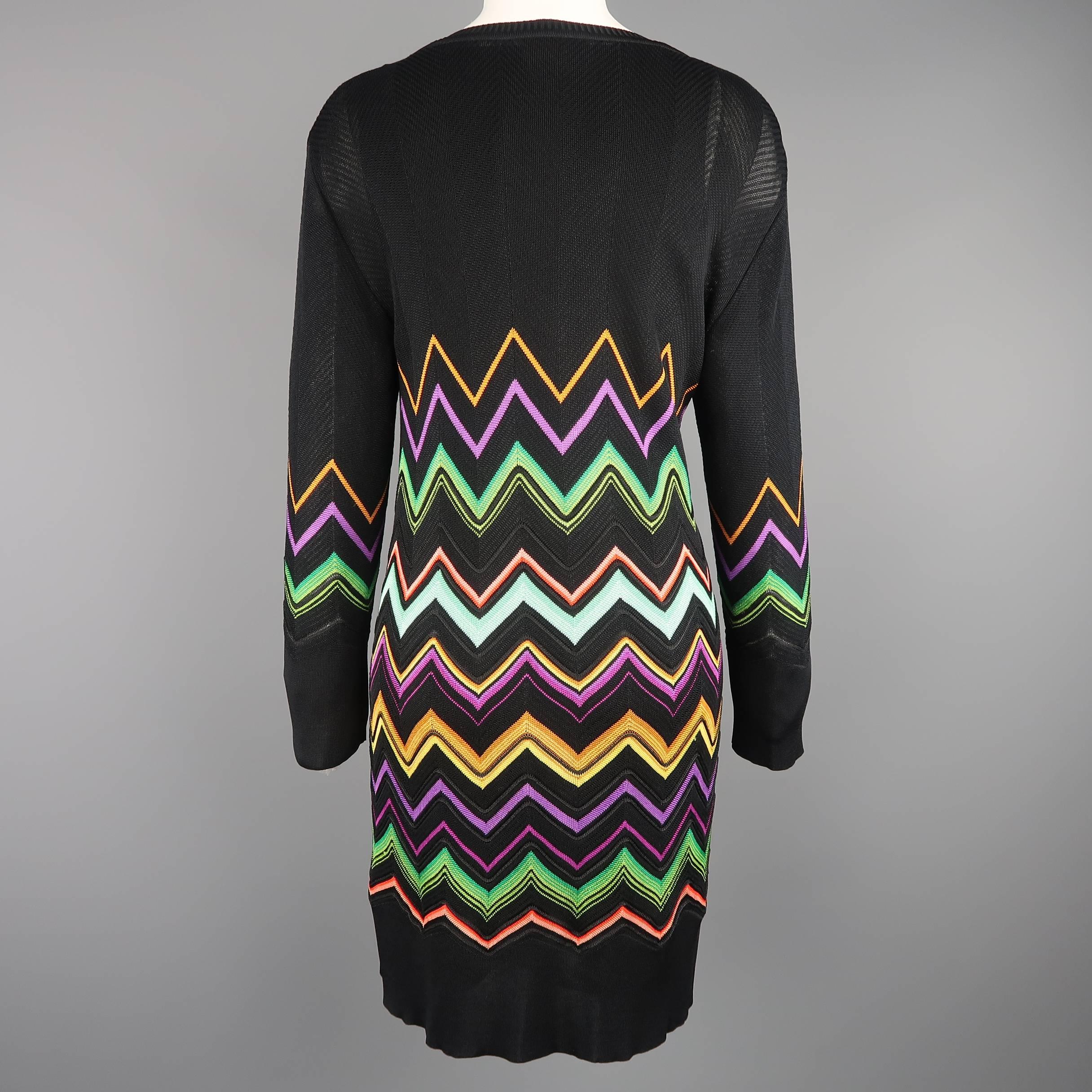 Women's MISSONI Size L Black Multi-Color Chevron Silk Knit Long Sleeve Scrrop Neck Dress