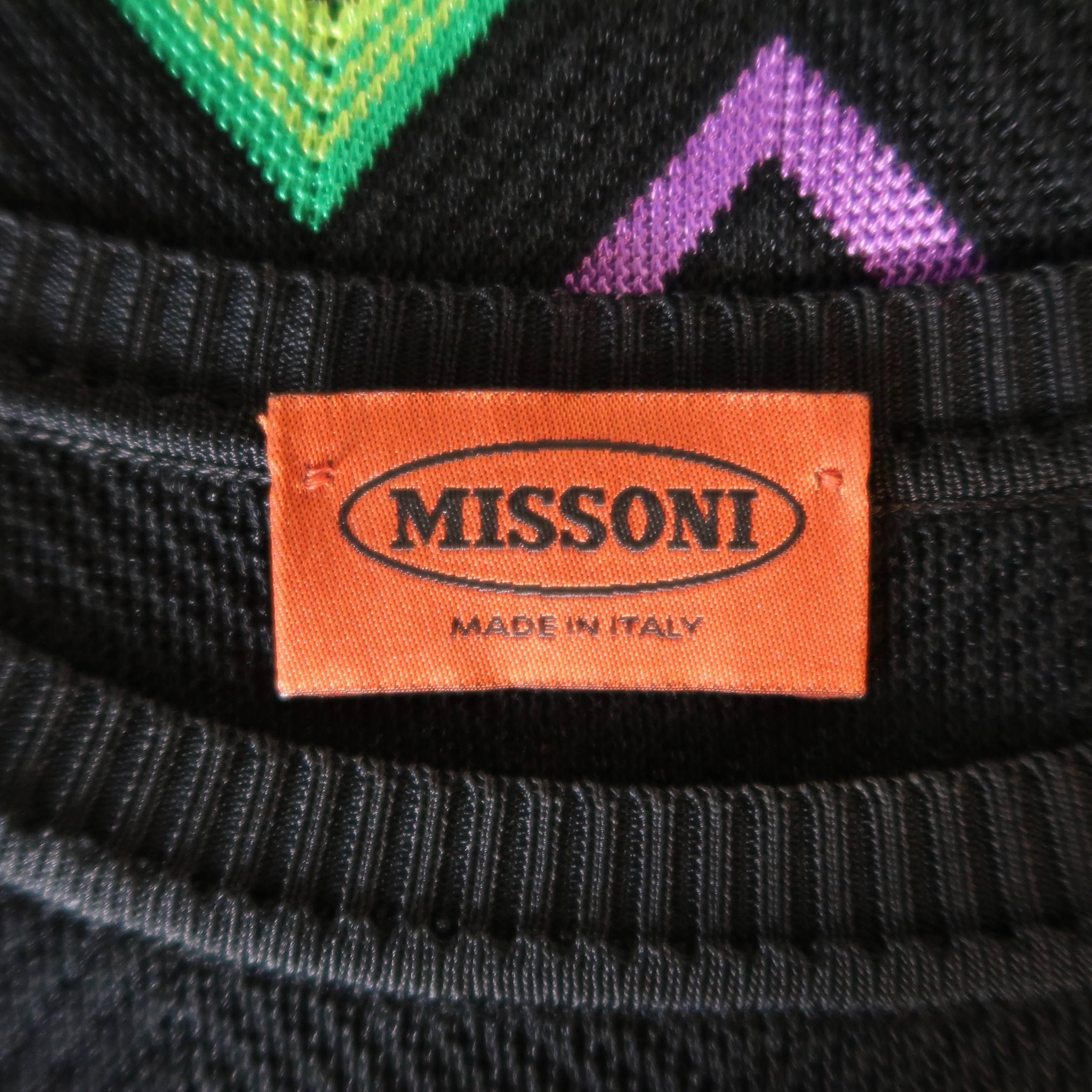 MISSONI Size L Black Multi-Color Chevron Silk Knit Long Sleeve Scrrop Neck Dress 2