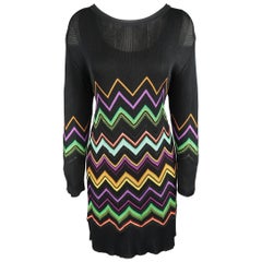 MISSONI Size L Black Multi-Color Chevron Silk Knit Long Sleeve Scrrop Neck Dress