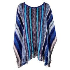MISSONI Size S Blue Multi Color Wool Blend Geometric Fringed Poncho Cape