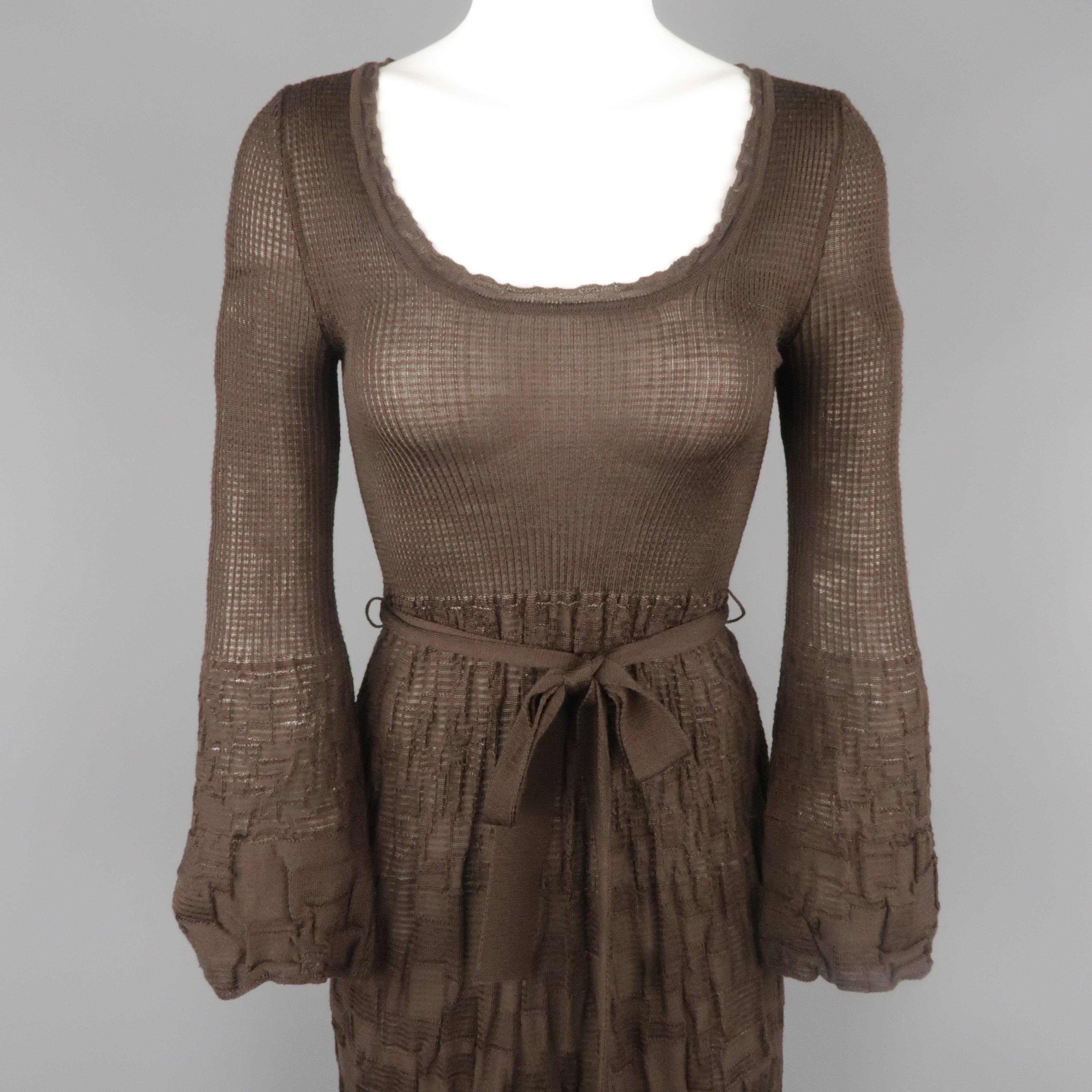 M by MISSONI dress comes in brown wool viscose blend textured stretch knit with a scoop neck, long bell sleeves, and ft flair A line skirt silhouette with tie belt. Made in Italy.Excellent Pre-Owned Condition. 

Marked:   IT 38 

Measurements: 
 