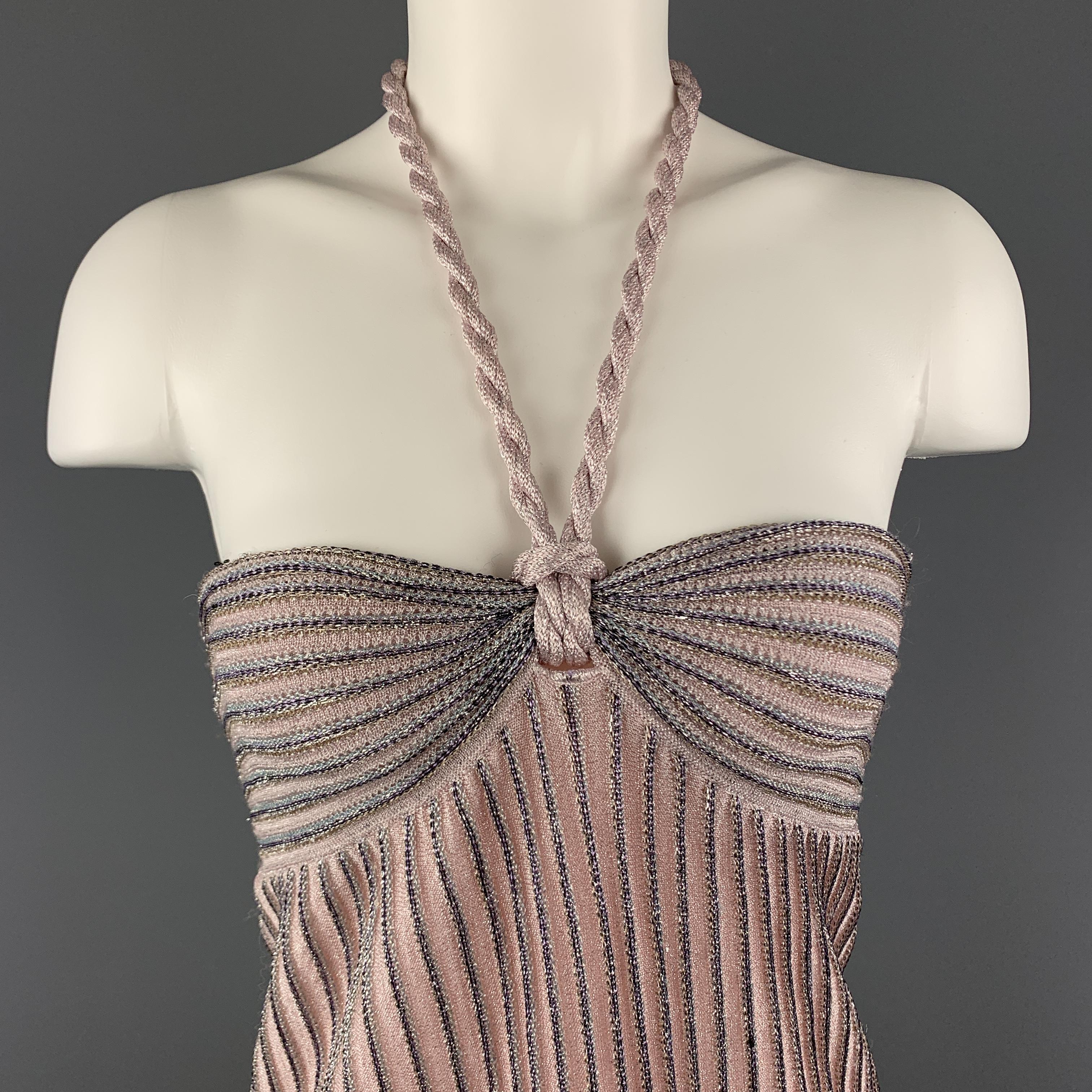 MISSONI mini dress comes in metallic light pink sparkle knit with an A line textured silhouette, striped bra top, and tied rope halter top. Made in Italy.

Excellent Pre-Owned Condition.
Marked: IT 38

Measurements:

Bust: 30
Waist: 32 in.
Length: