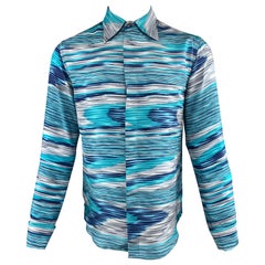 MISSONI Size S Turquoise Blue & Grey Absyract Stripe Silk Hidden Placket Shirt