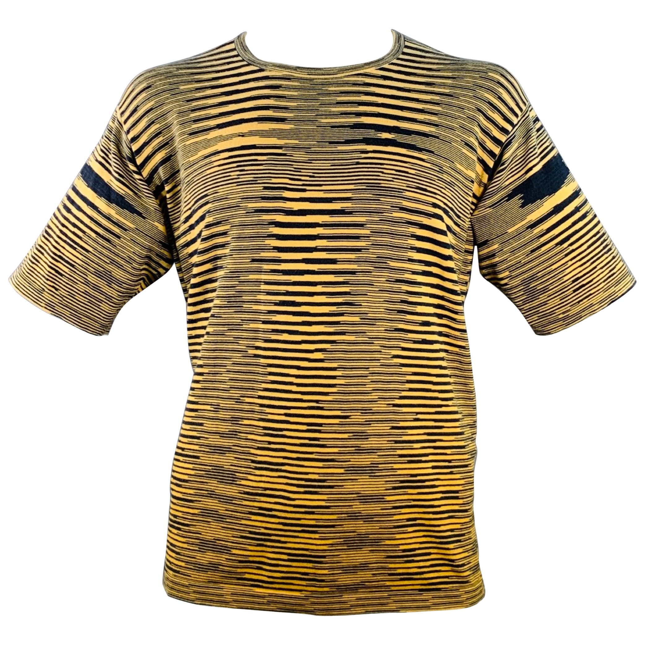 MISSONI Size XL Yellow Navy Stripe Cotton Knit Crew Neck T-Shirt in vendita