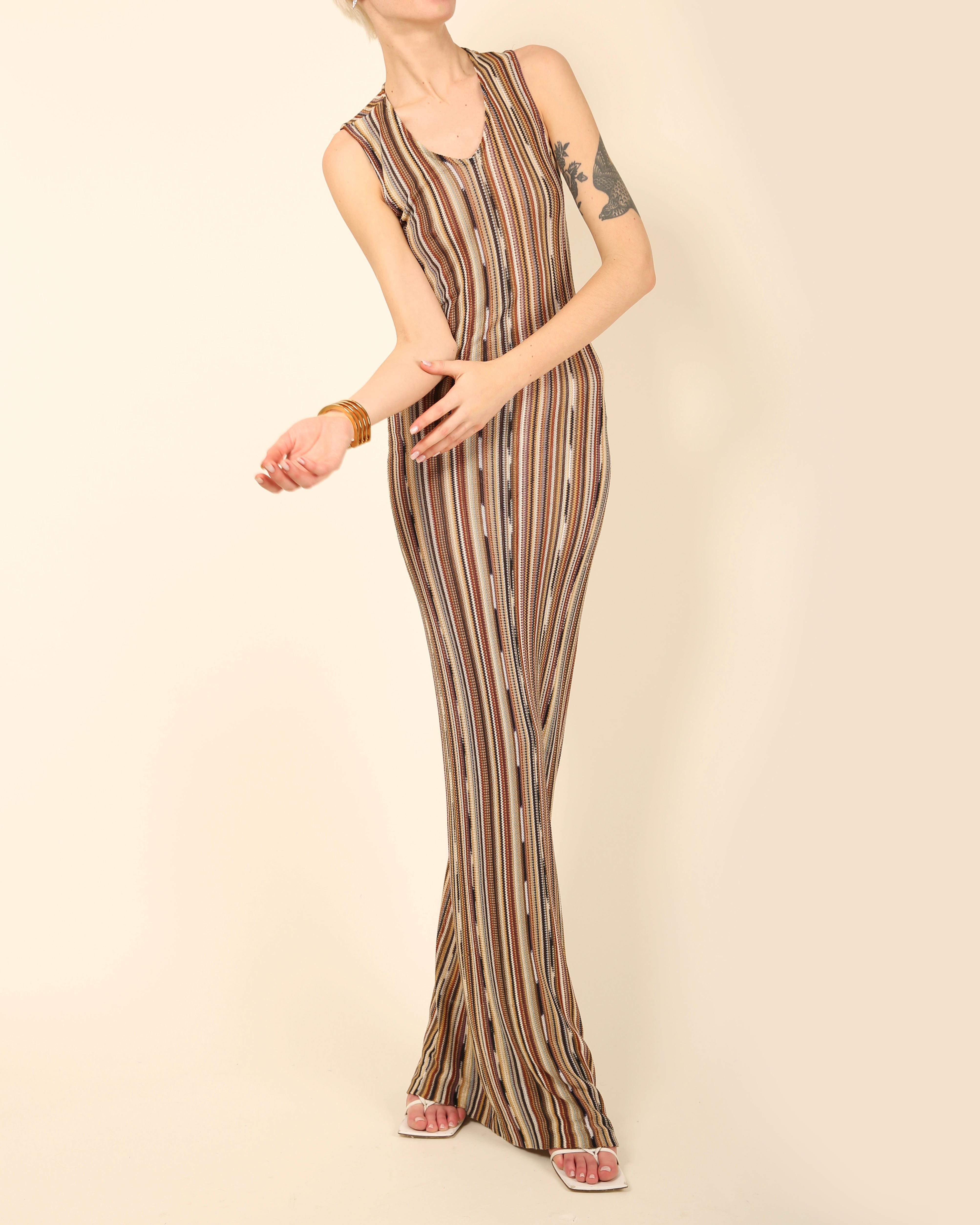Women's Missoni sleeveless brown white black gold stripe knit body con maxi dress  For Sale