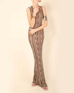 Missoni sleeveless brown white black gold stripe knit body con maxi dress