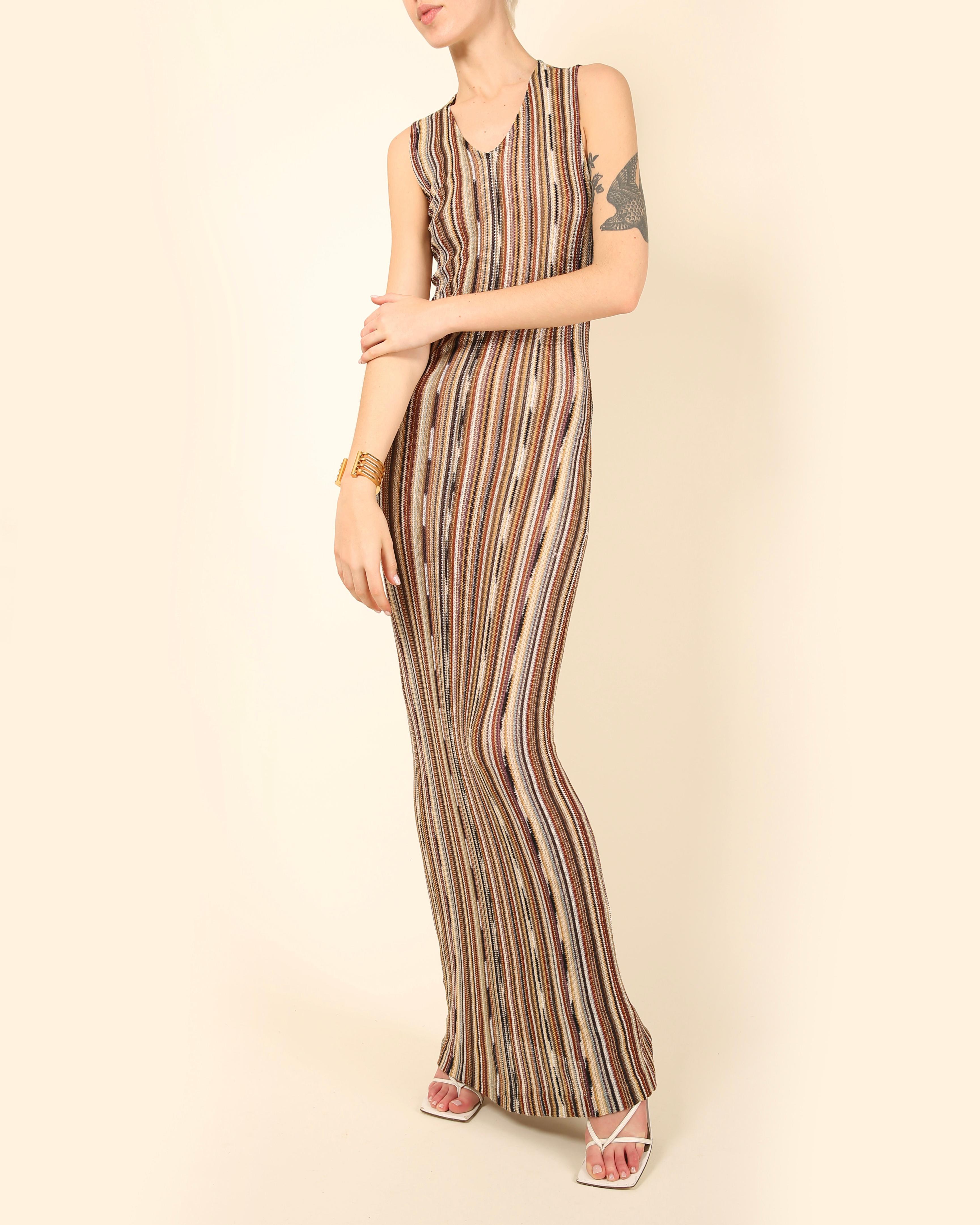 Brown Missoni sleeveless brown white black gold stripe knit body con maxi dress  For Sale