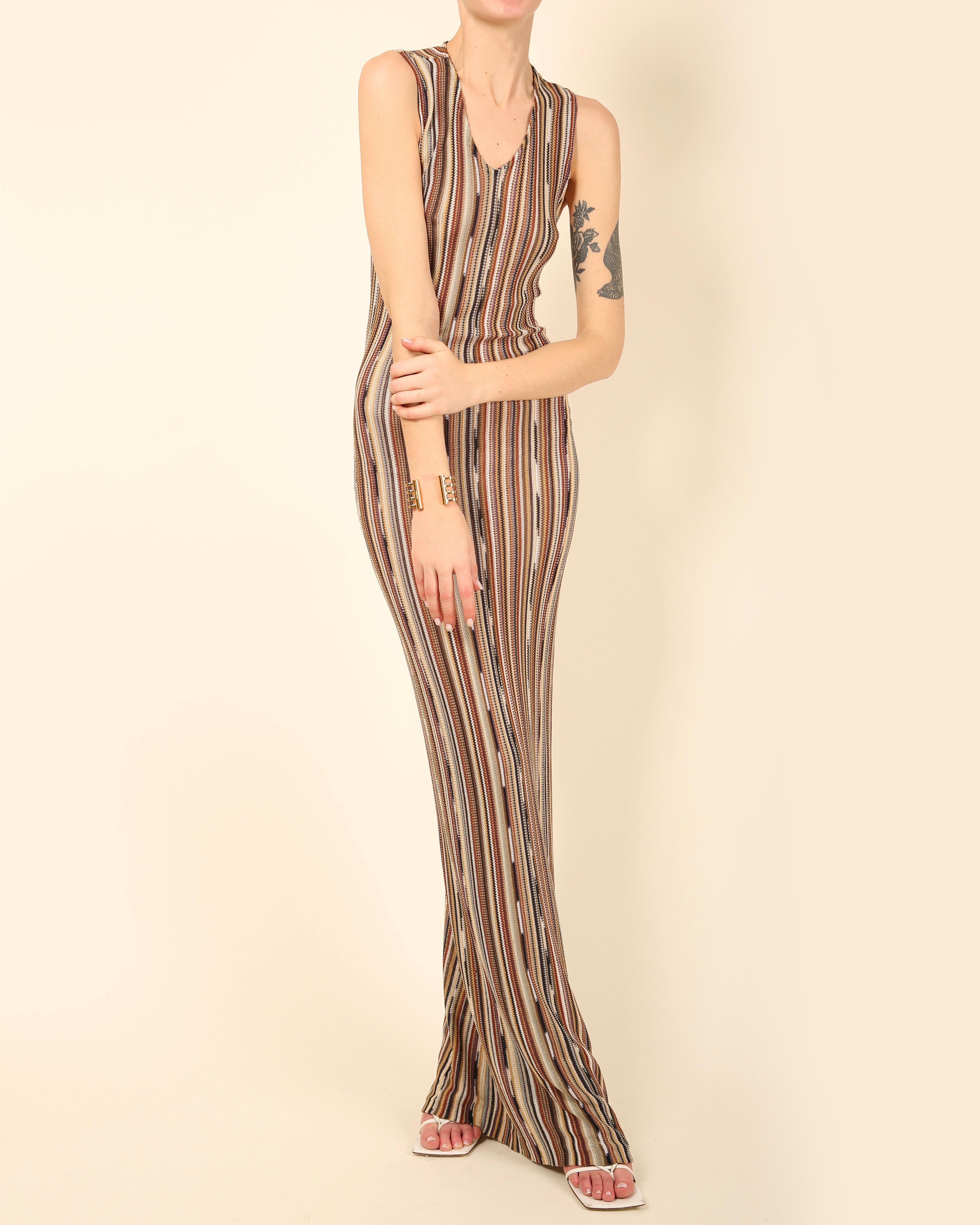 Missoni sleeveless brown white black gold stripe knit body con maxi dress  In Excellent Condition For Sale In Paris, FR