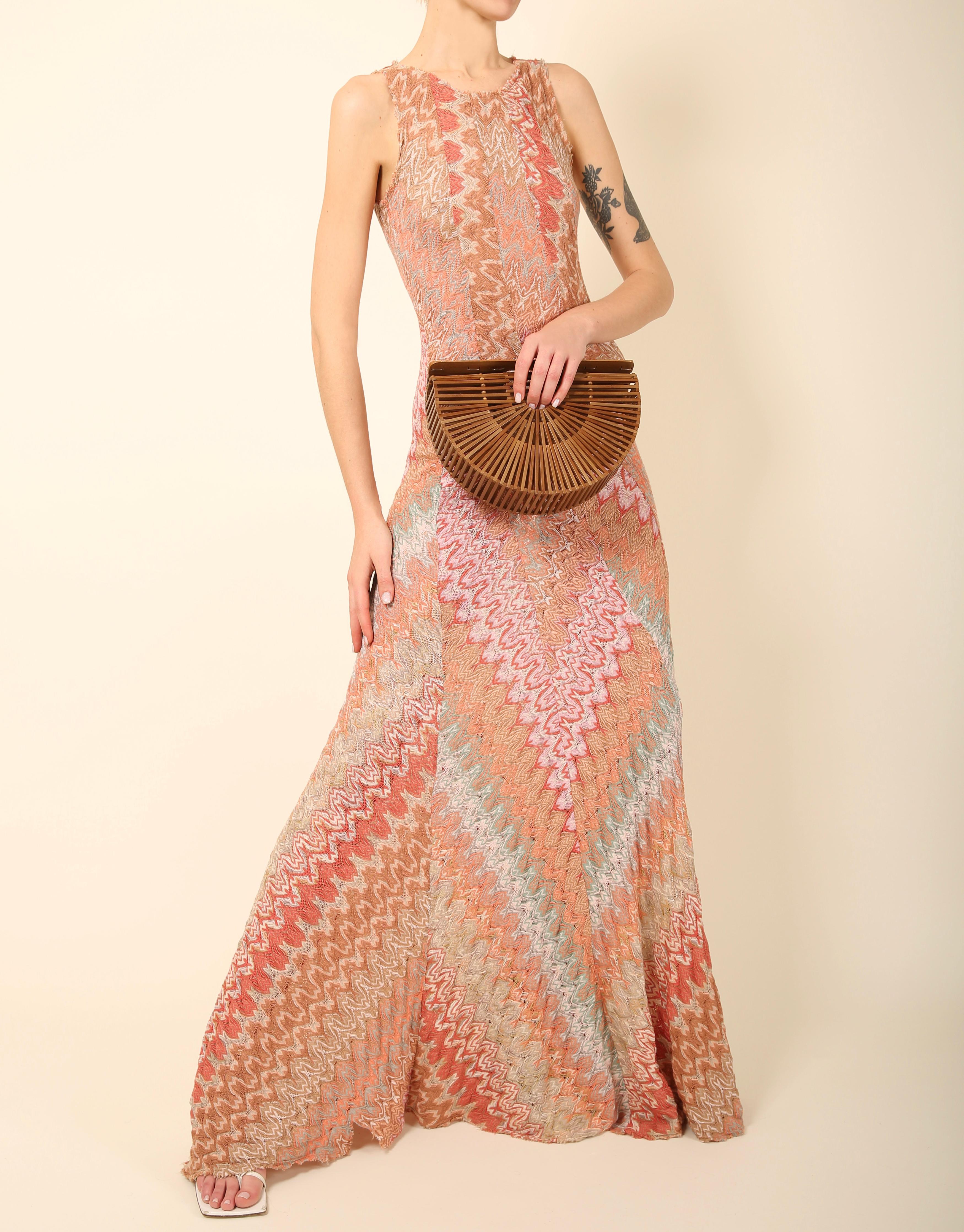 Missoni sleeveless pink beige blue white grey knit knitted flare maxi gown dress For Sale 2
