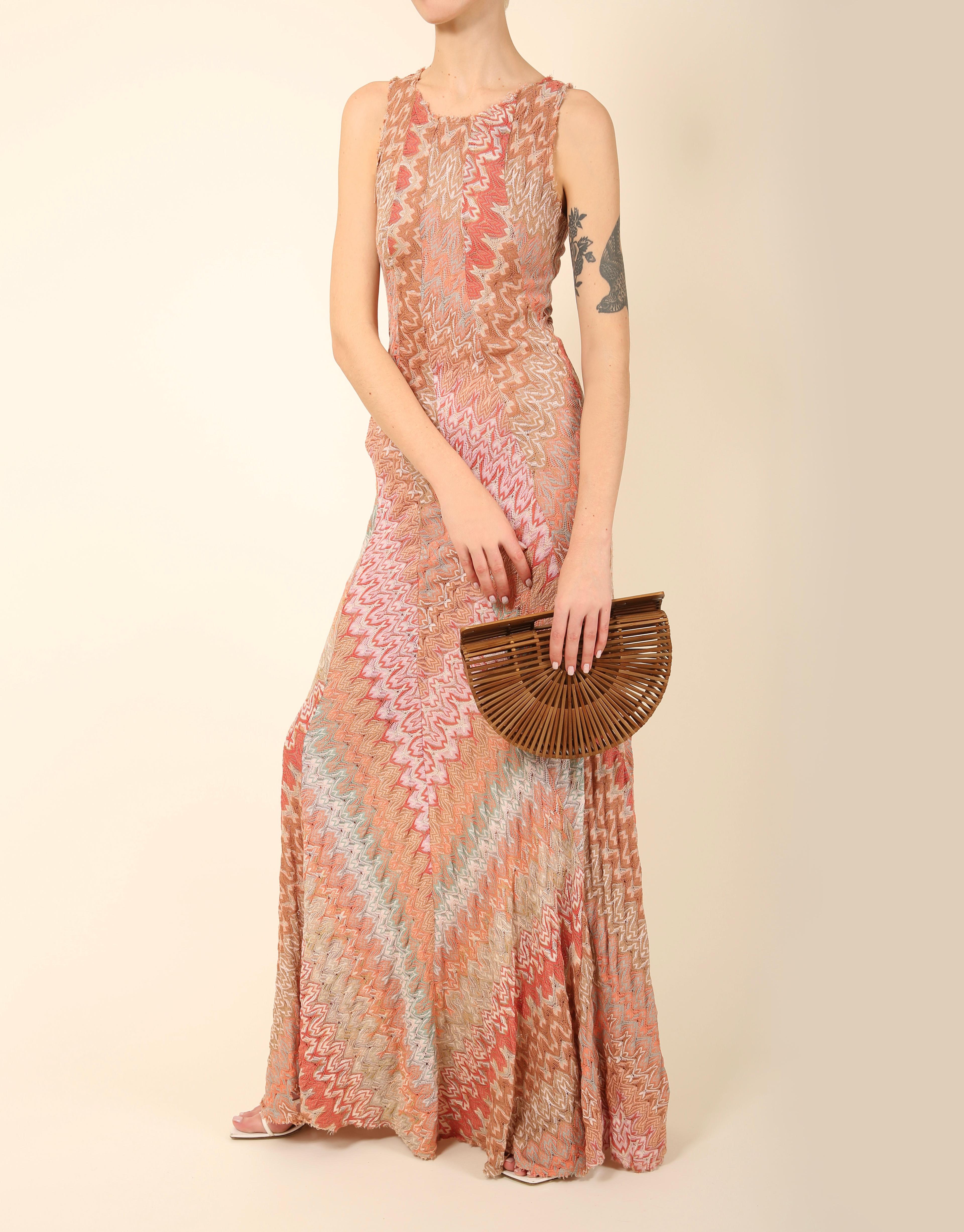 Beige Missoni sleeveless pink beige blue white grey knit knitted flare maxi gown dress For Sale