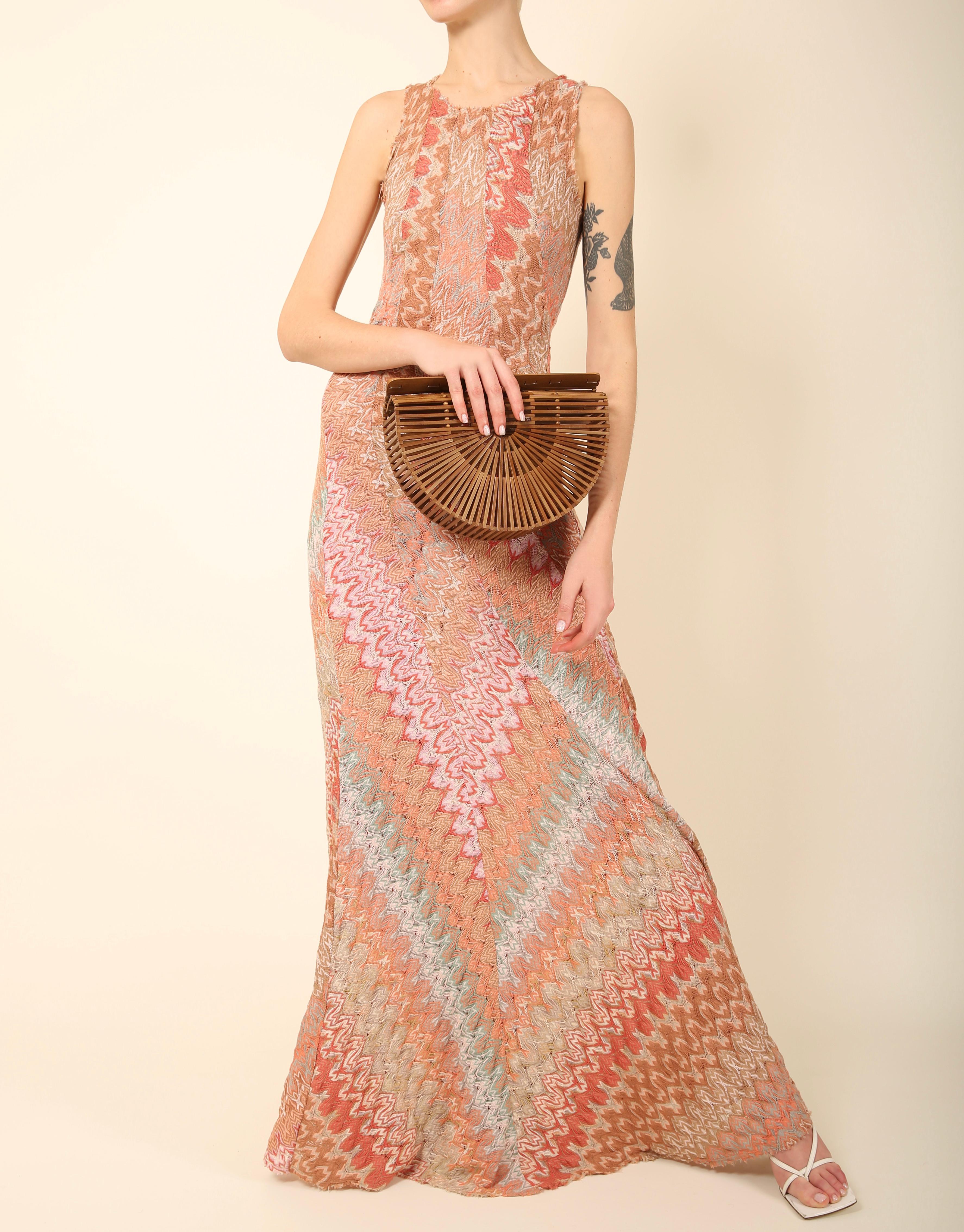 Women's Missoni sleeveless pink beige blue white grey knit knitted flare maxi gown dress For Sale