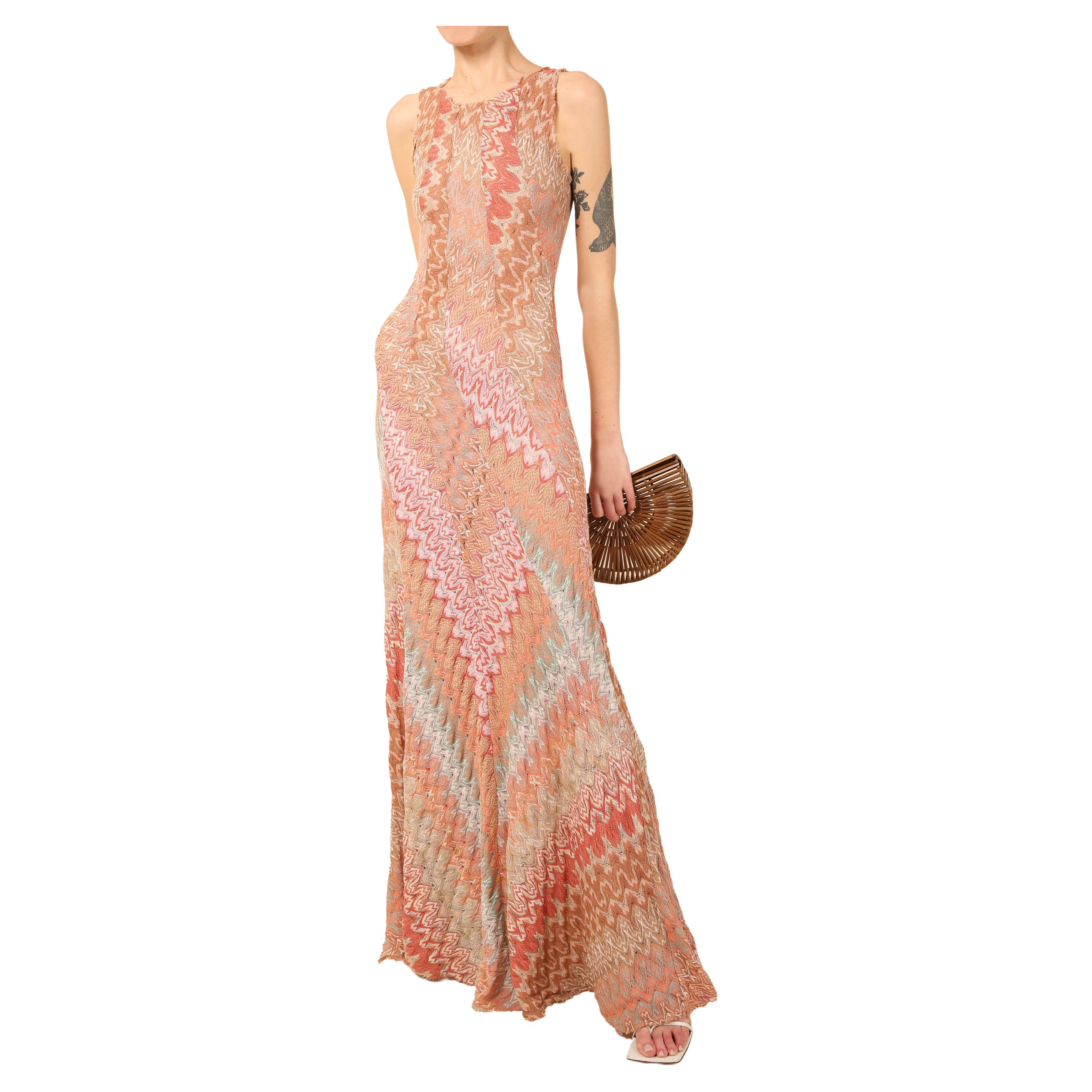 Missoni sleeveless pink beige blue white grey knit knitted flare maxi gown dress For Sale