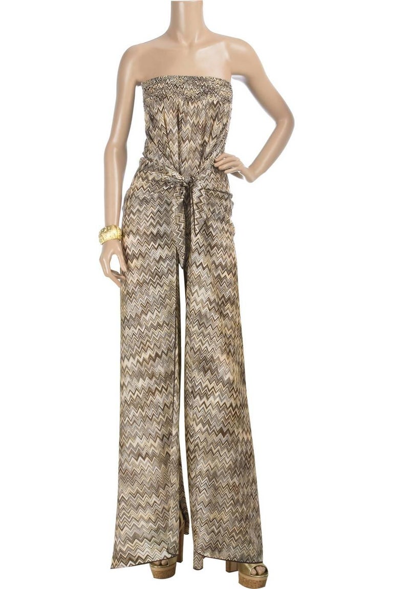 Missoni Strapless Chevron Crochet Knit Wide Open Leg Belted Jumpsuit