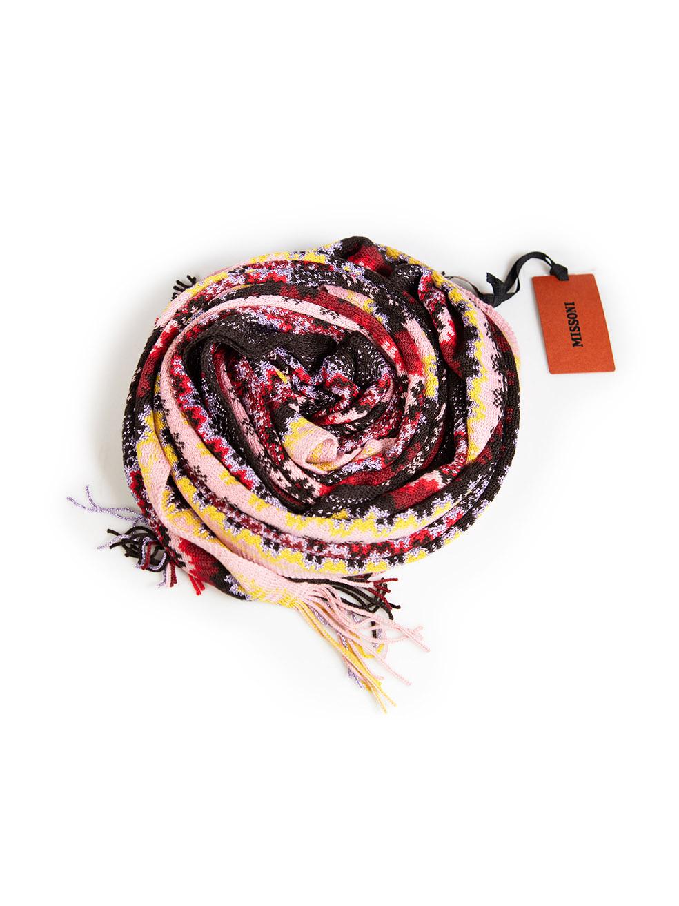 CONDITION is Never worn, with tags. No visible wear to scarf is evident on this new Missoni designer resale item.
 
 Details
 Multicolour
 Wool
 Knit scarf
 Striped pattern
 Fringed edge
 
 
 Made in Italy
 
 Composition
 41% Wool, 41% Acrylic, 12%