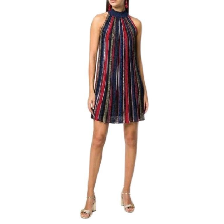 Missoni Metallic Sleeveless Ribbed Midi Shift Dress

- High-necked Ribbed navy metallic collar
- Blue, red, gold black and white stripped metallic design 
- Sleeveless shift style
- Midi length 
- Black lining slip 

THERE IS NO CARE LABEL, HOWEVER