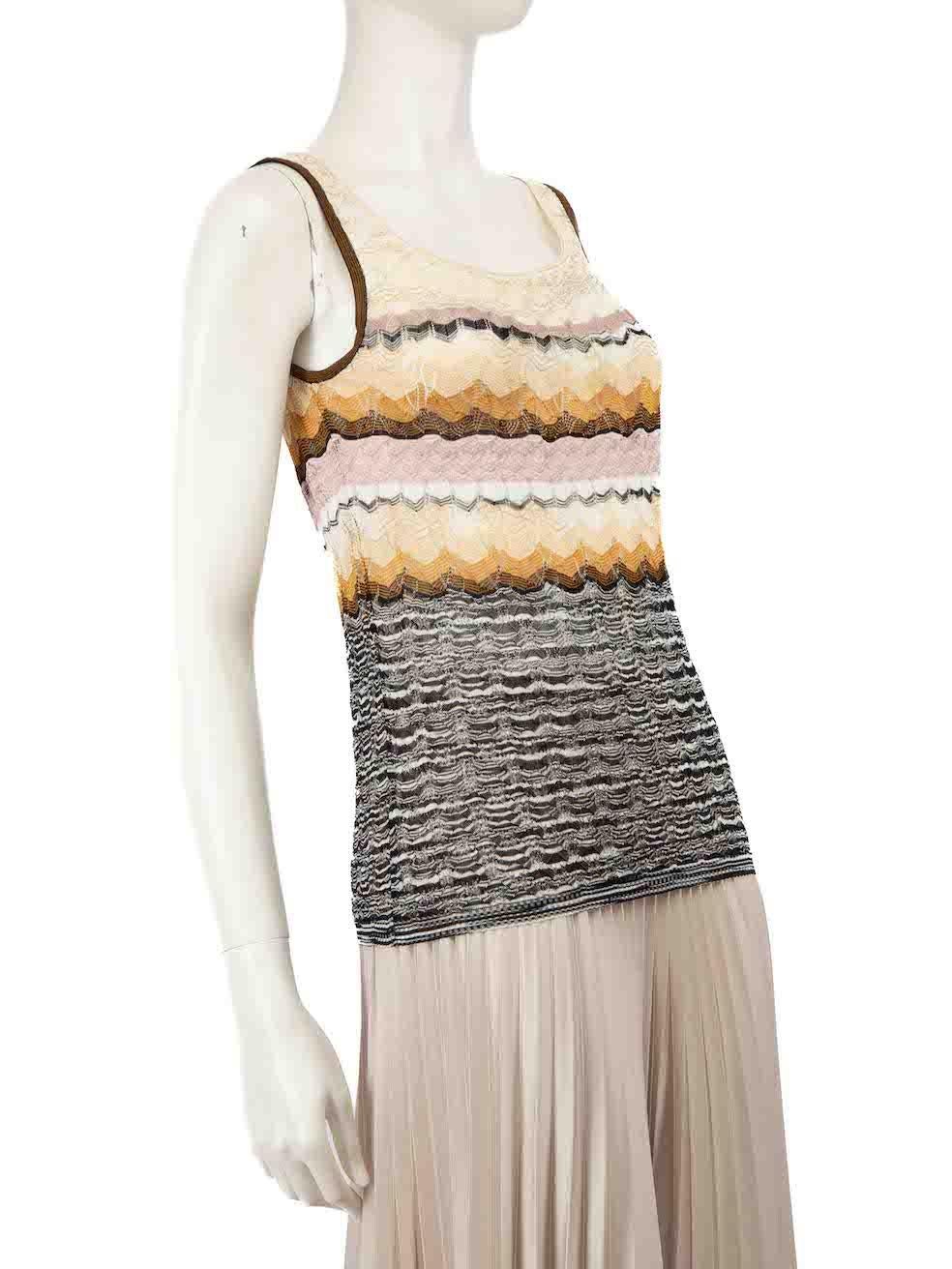 CONDITION is Very good. Minimal wear to top is evident. Minimal discolouration to centre front on this used Missoni designer resale item.
 
 
 
 Details
 
 
 Multicolour- beige tone
 
 Viscose
 
 Knit top
 
 Striped pattern
 
 Sleeveless
 
 Round