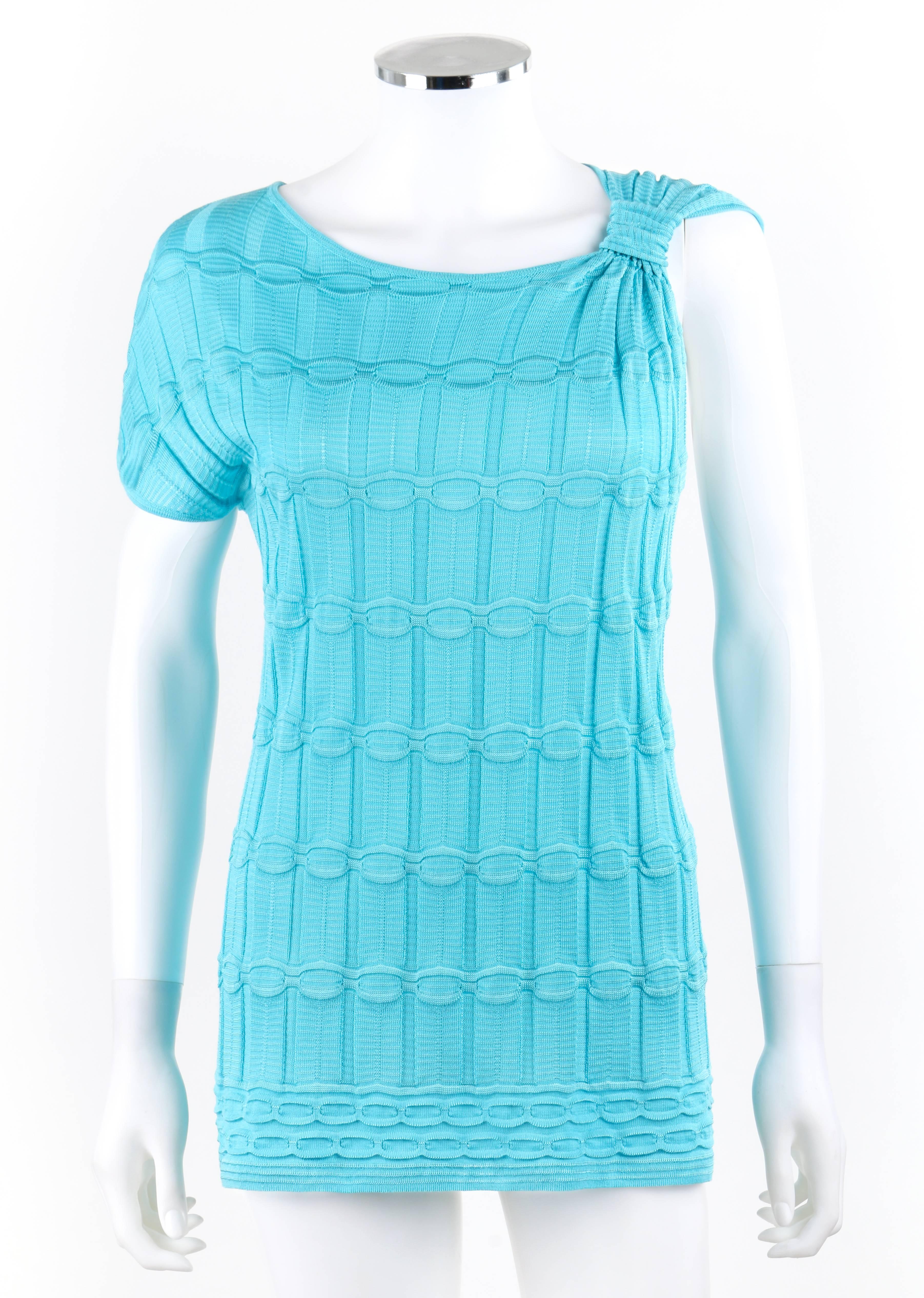 M Missoni turquoise blue knit asymmetrical one sleeve scoop neck top; New with tags. Designed by Angela Missoni. Turquoise blue textured large rib knit. Scoop neckline. Asymmetrical one sleeve: right extended shoulder sleeve and left sleeveless