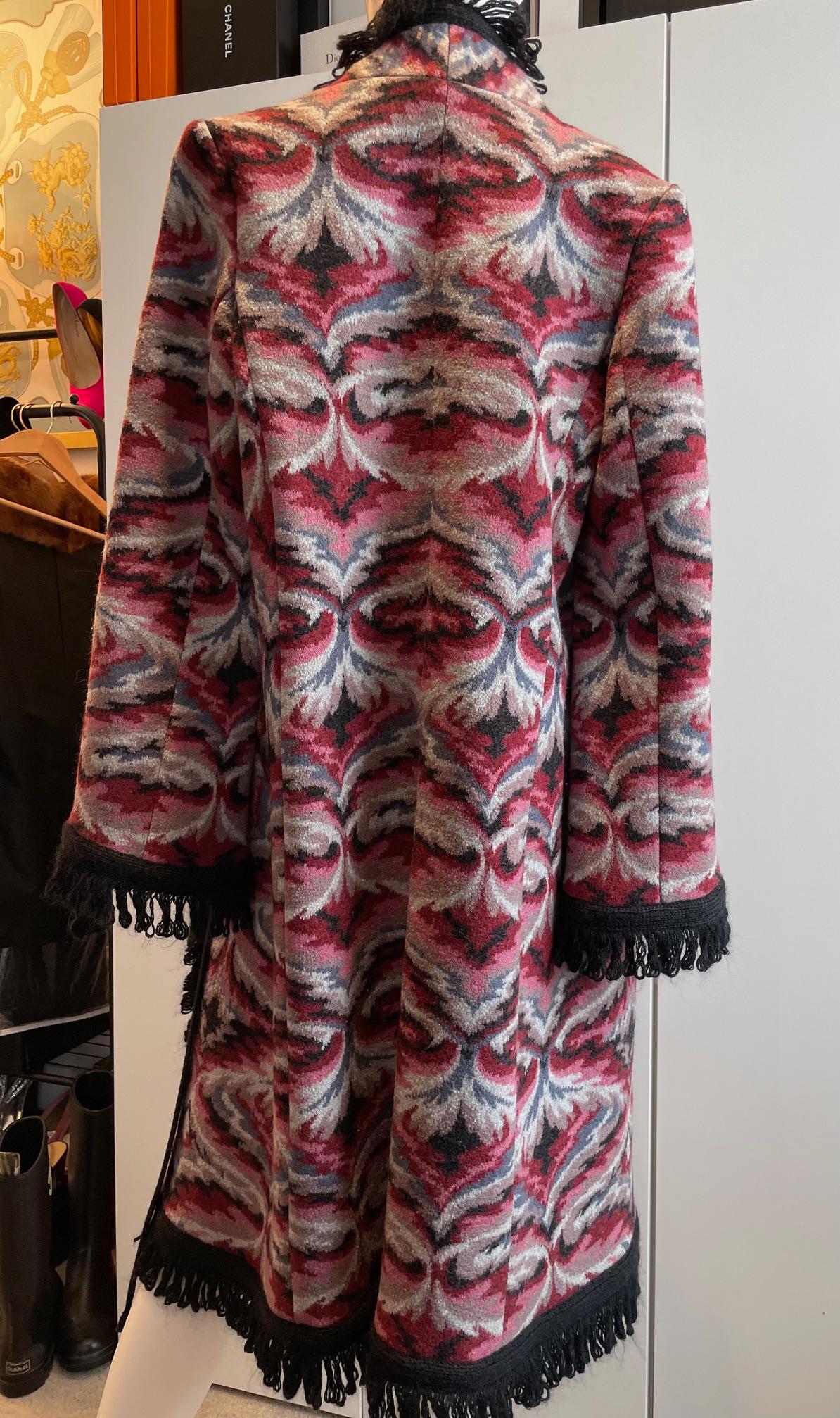 MISSONI Vintage Knitted Long Wool Coat - Multi Coloured - Black Fringe & Belt 6